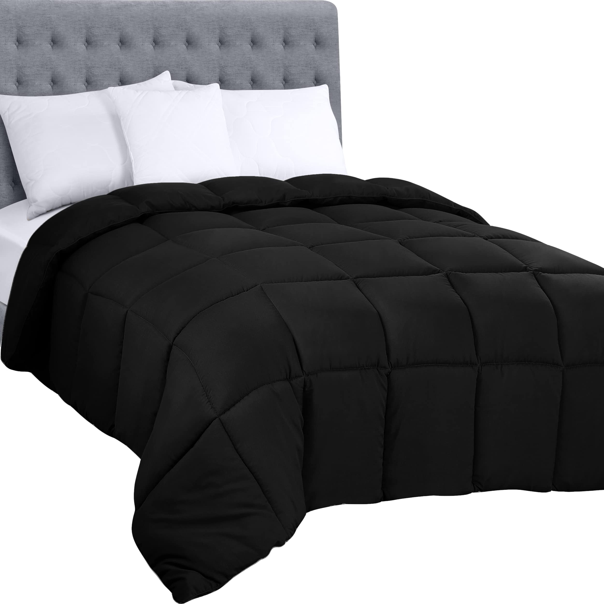 Premium King Size All-Season Down Alternative Comforter Set - Box Stitched Design with Corner Tabs, Ultra Soft & Machine Washable (Black, 3-Pack) - Perfect for Master Bedroom, Guest Room & Cozy Home Decor
