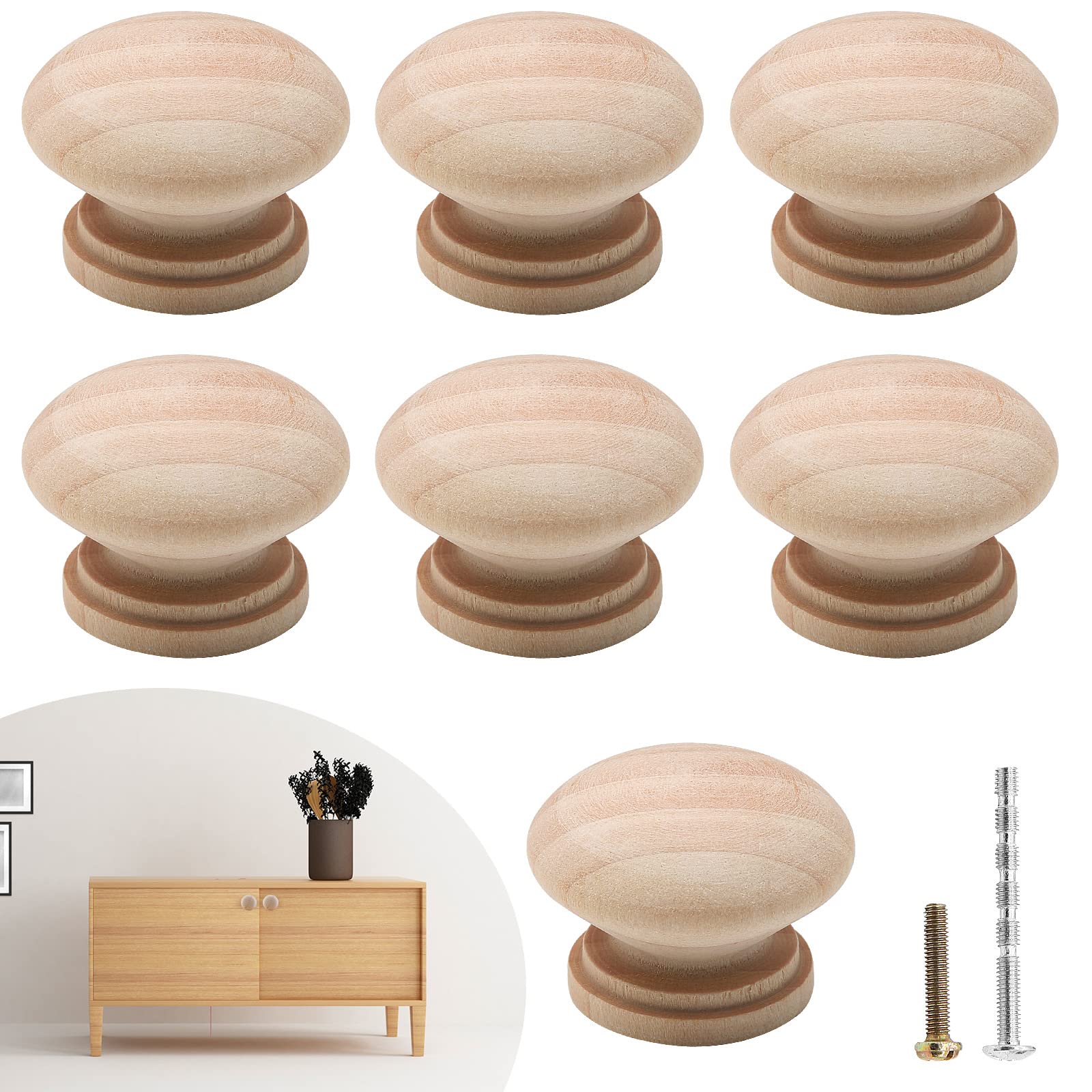 15PCS Natural Wood Dresser Knobs - 1-3/8 Inch Round Mushroom Cabinet Pulls with Screws for Furniture - Perfect for Bedroom, Kitchen & Bathroom Cabinets, Dressers & DIY Home Decor