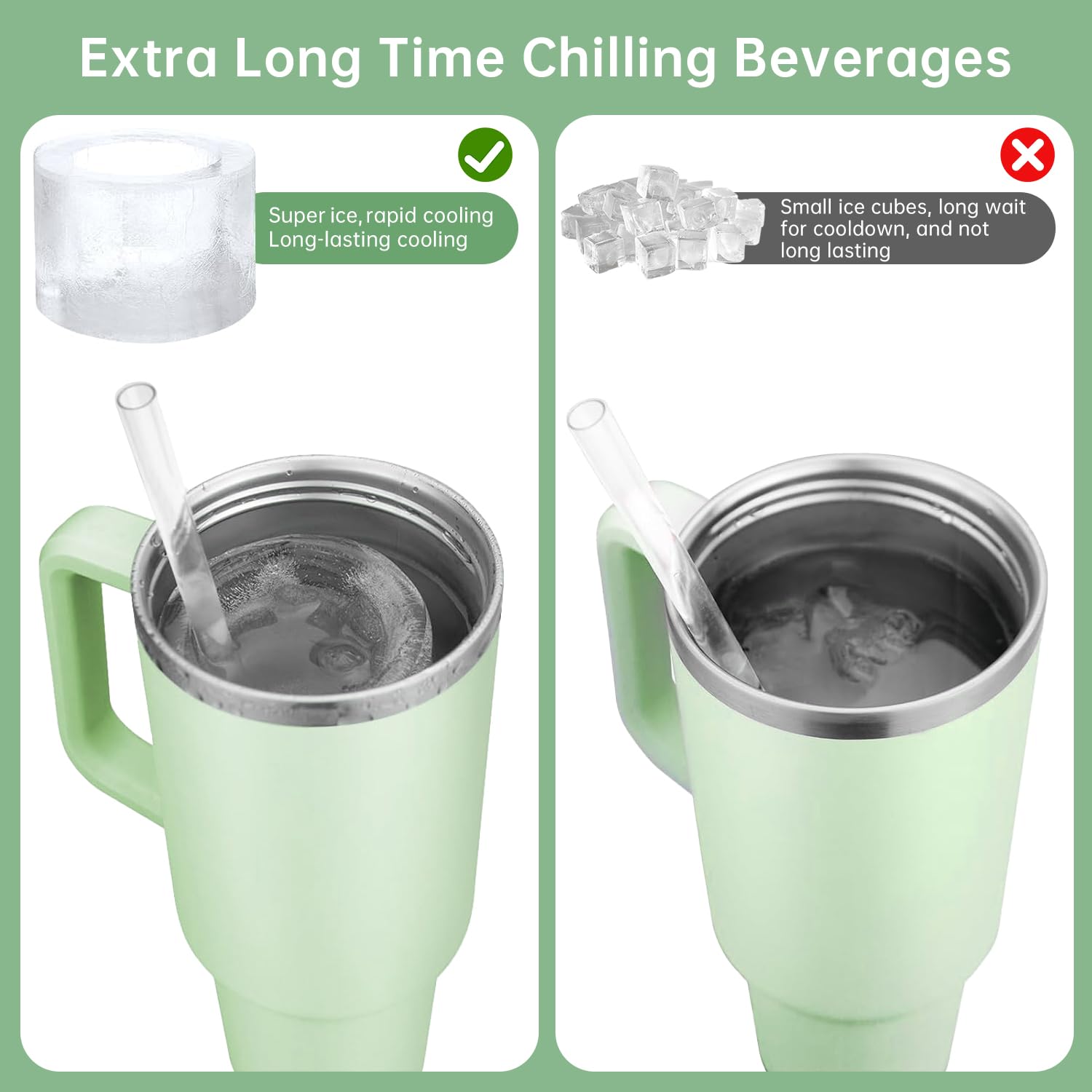 Stanley Cup Ice Molds - 4 Pack Silicone Hollow Cylinder Ice Cube Trays for 20oz 30oz 40oz Tumblers with Lid & Storage Bin | Perfect for Freezer, Iced Coffee, Cocktails, Whiskey & Cold Drinks (Green)