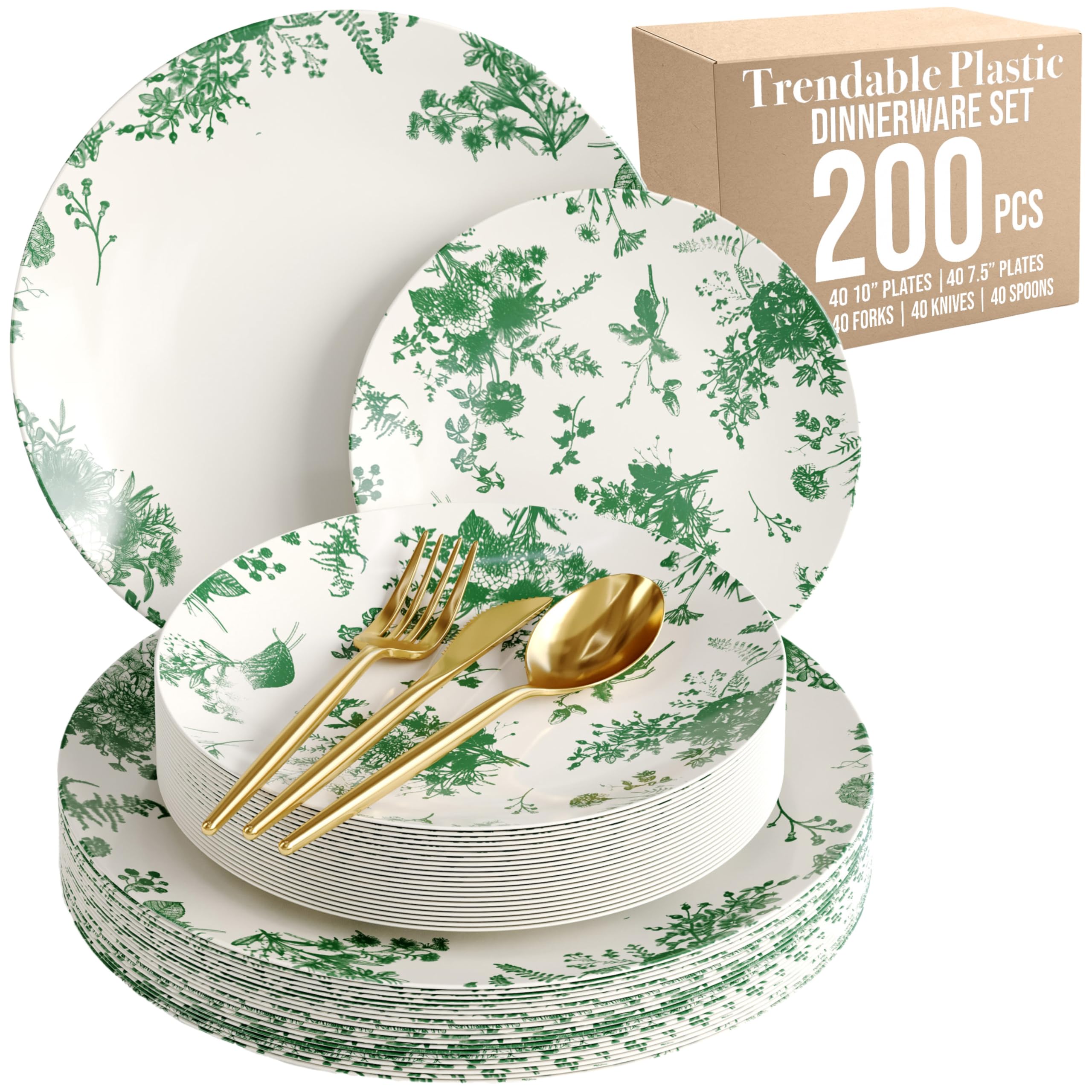 Premium 200-Piece Disposable Plastic Dinnerware Set - Gold & Silverware for 40 Guests | Includes 10