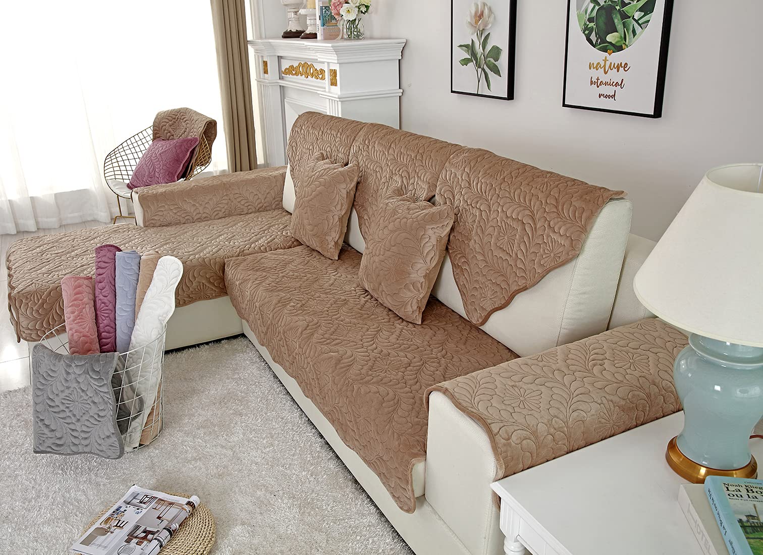 VCTOPS Velvet Quilted Sofa Cover - Soft Non-Slip Sectional Couch Cover for Pets, Fits L-Shaped Leather Couches & Recliners (36