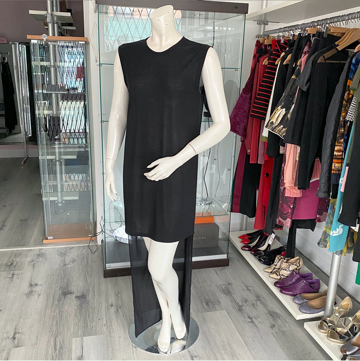 Gareth Pugh Black High-Low Sheer Silk Back Column Dress - Elegant Evening Gown for Parties, Red Carpet Events & Special Occasions