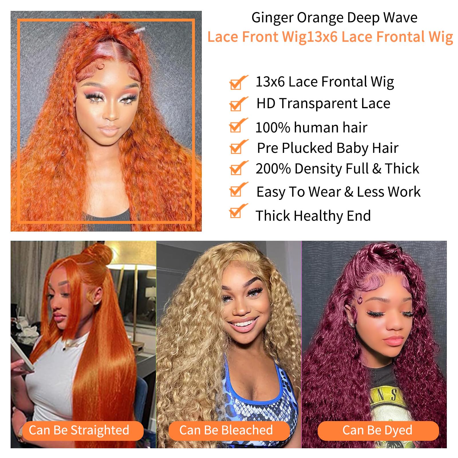 30 Inch Ginger Human Hair Wig - 13x6 Lace Front Deep Wave Wig with 200% Density & Pre-Plucked Hairline - HD Lace Front Wigs for Women - Perfect for Cosplay, Daily Wear & Special Occasions