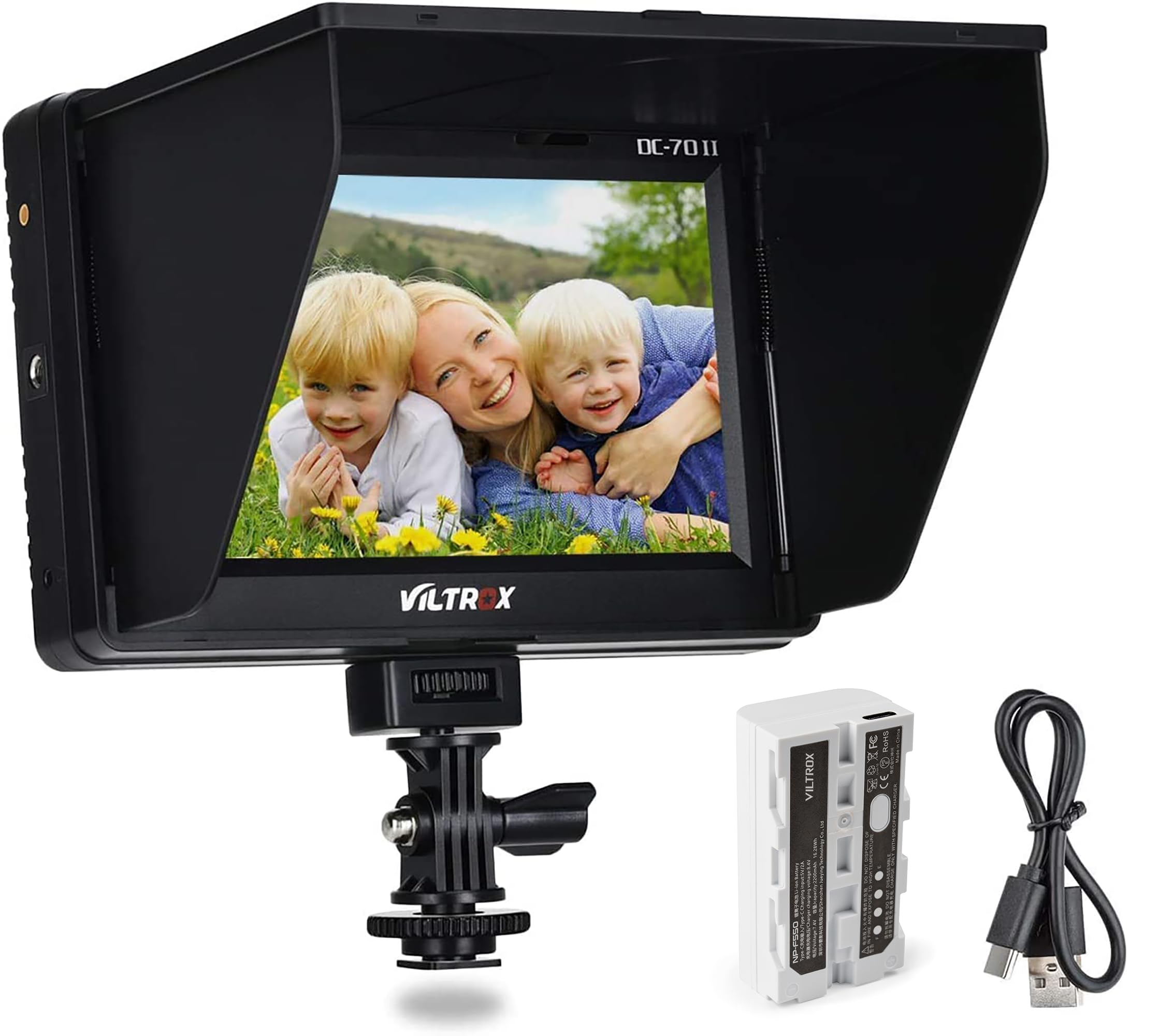 VILTROX DC-70 II 7-inch 4K HDMI Field Monitor Kit with Peaking Focus Assist, Sunshade Hood & Battery - Professional On-Camera Video Monitor for DSLR, Mirrorless & Cinema Cameras - Perfect for Outdoor Filming, Studio Production & Live Streaming