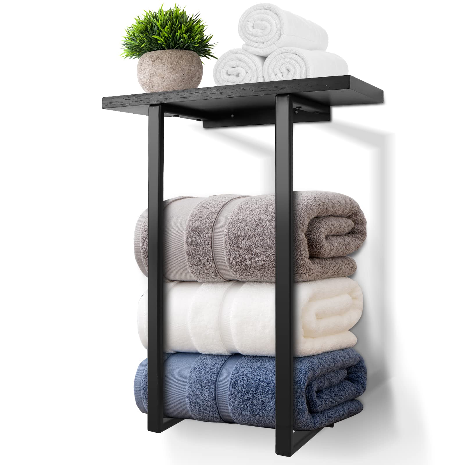 Black Wooden Shelf Metal Towel Racks for Bathroom Wall Mounted - Rolled Bath & Hand Towel Holder Storage Organizer for Bathroom, RV, Camper - Perfect for Small Spaces & Home Decor