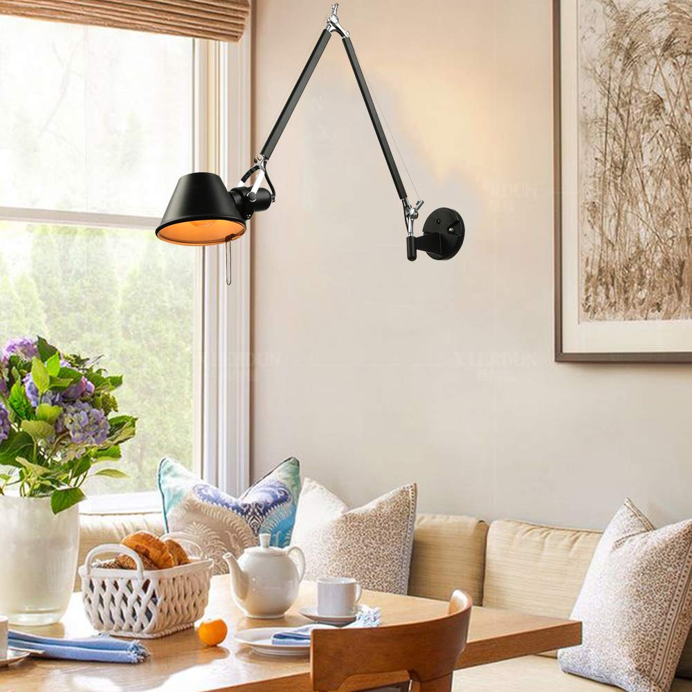 Adjustable Black LED Swing Arm Wall Lamp with Small Empire Shade - Modern 1 Light Wall Sconce for Study, Bedroom & Living Room - Perfect for Reading, Nightstand Lighting and Home Office Decor