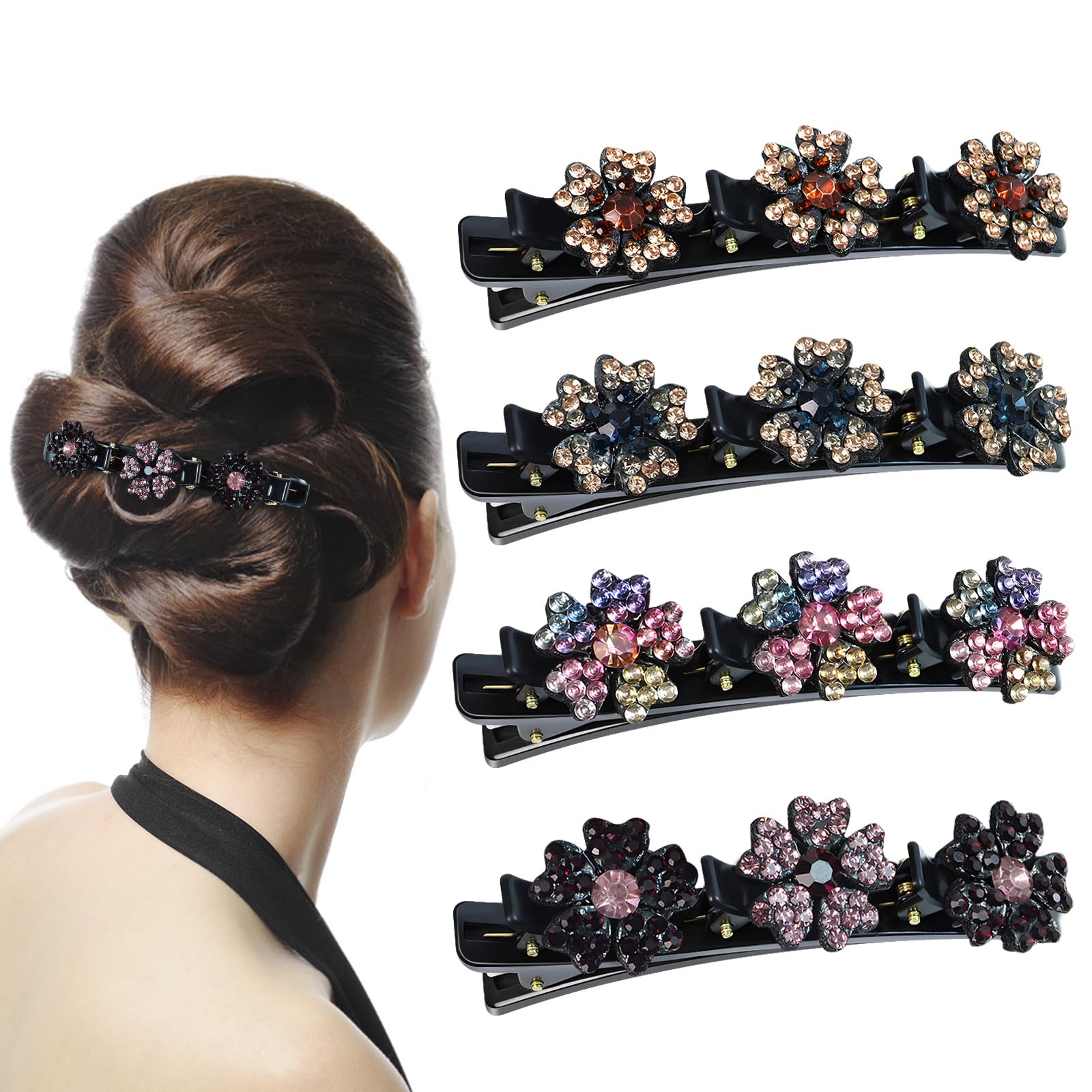 4PCS Sparkling Crystal Stone Braided Hair Clips for Women & Girls - Elegant Hair Accessories for Thick & Thin Hair - Perfect for Weddings, Parties & Daily Styling