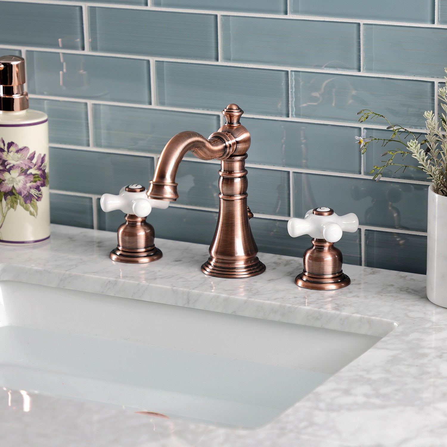 American Classic FSC197PXAC 3-Hole Widespread Bathroom Faucet with Brass Pop-Up Drain - Antique Copper Finish - Two Handle Deck Mount Sink Faucet for Bathroom Vanity, Powder Room & Guest Bath Decor