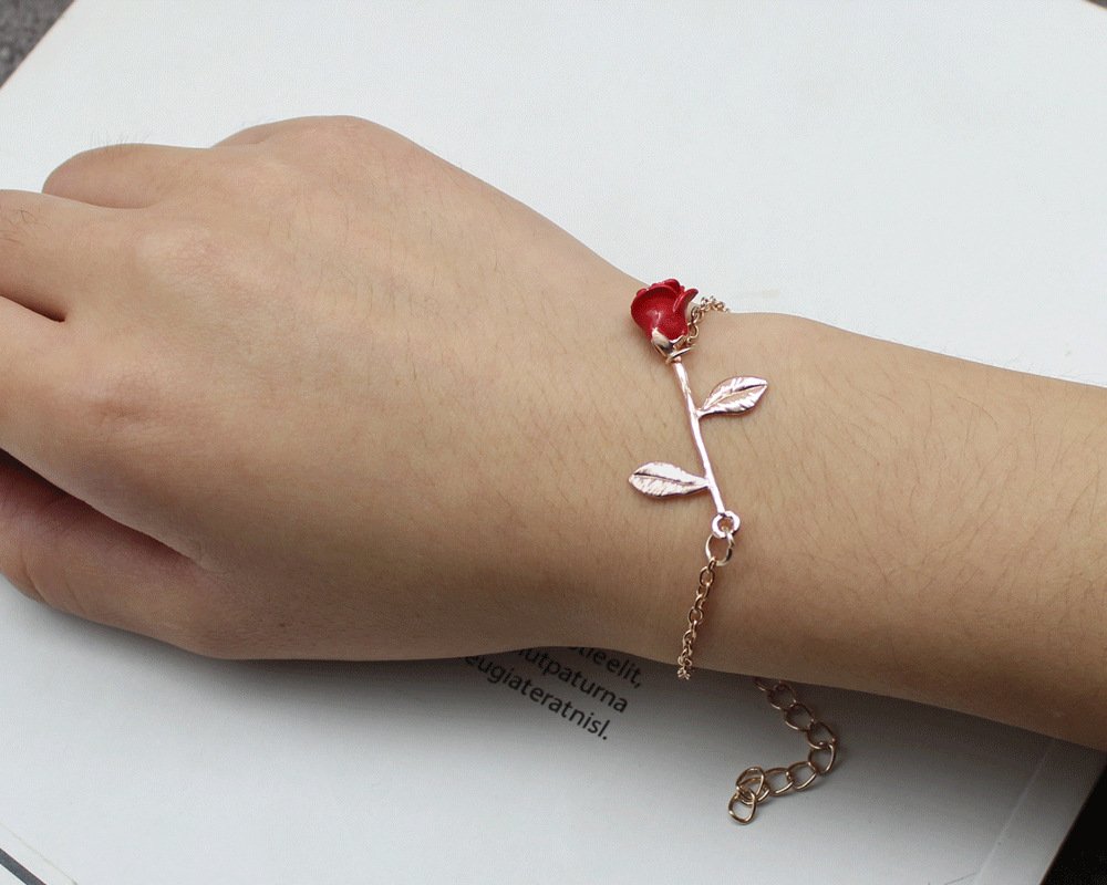 WLL Elegant 3D Red Rose Flower Charm Bracelet for Women - Beauty and The Beast Inspired Rose Jewelry, Perfect Bridesmaid Gift & BFF Present - Ideal for Weddings, Anniversaries & Romantic Occasions