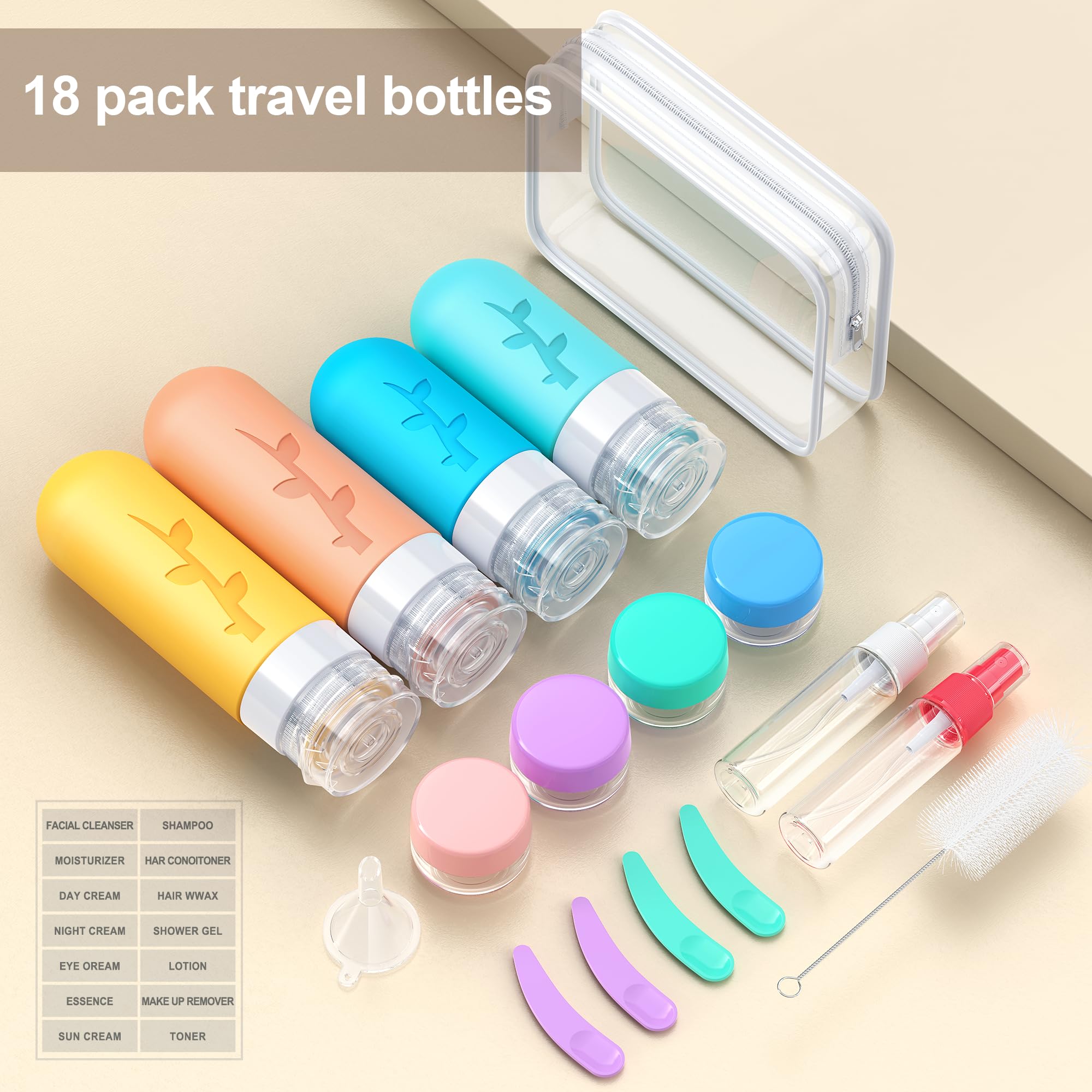 18-Piece TSA Approved Silicone Travel Bottles Set - Leakproof & Refillable Toiletry Containers for Shampoo, Lotion & Cosmetics | Perfect for Air Travel, Gym & Vacation Essentials