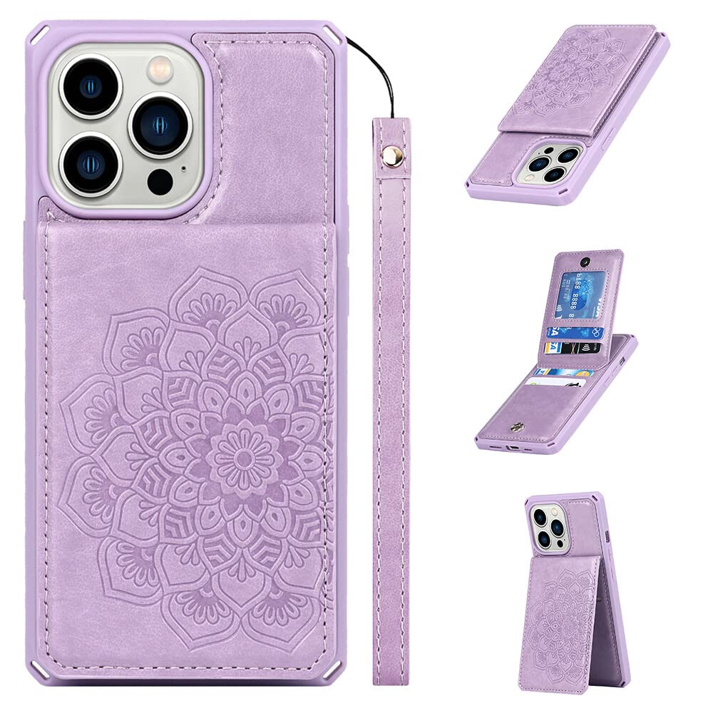 Premium PU Leather iPhone 13 Pro Max Wallet Case with Card Holder - Embossed Mandala Flower Design, Shockproof Drop Protection | Perfect for Everyday Use, Travel & Business (Mandala Purple)