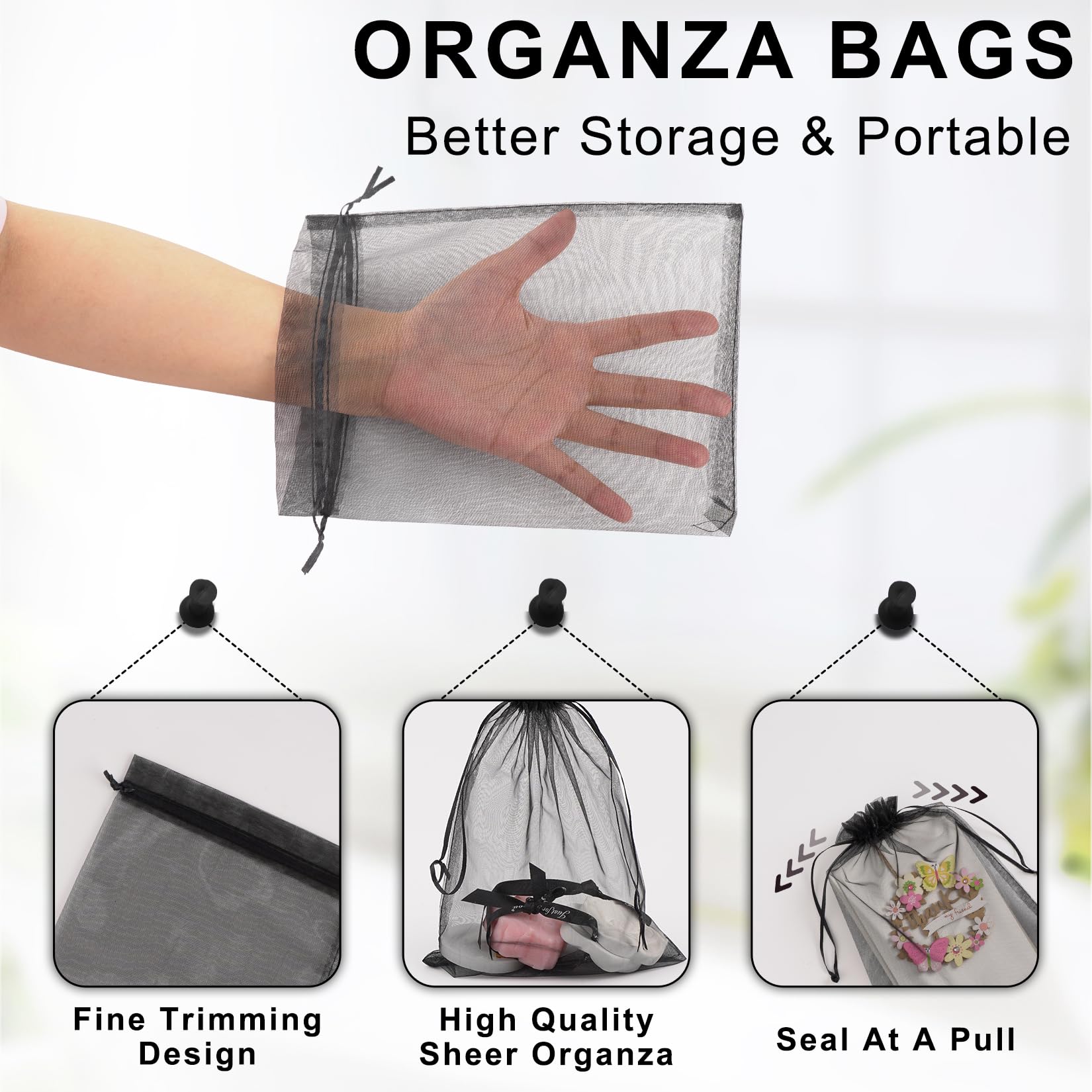Premium Sheer Organza Mesh Bags 100 Pack (6x9 Inches) - Elegant Drawstring Gift Bags for Weddings, Parties, Festivals & Makeup Storage - Perfect for Wedding Favors, Bridal Shower Gifts, Jewelry Packaging & Party Decorations - Black