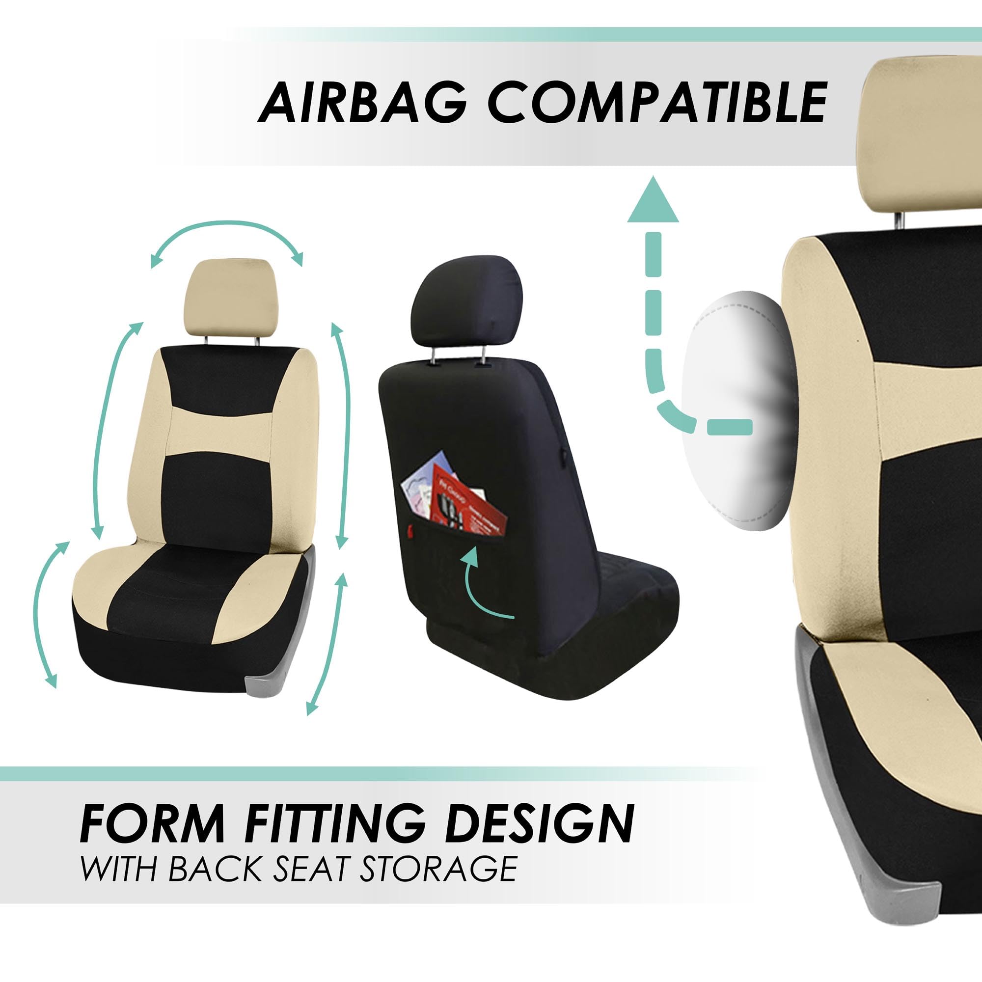 Premium FH Group Universal Car Seat Covers Full Set - Breathable Cloth Fabric, Airbag Compatible, Split Bench Design for Sedan, SUV, Van (Beige) | Perfect for Daily Commute, Road Trips & Family Travel