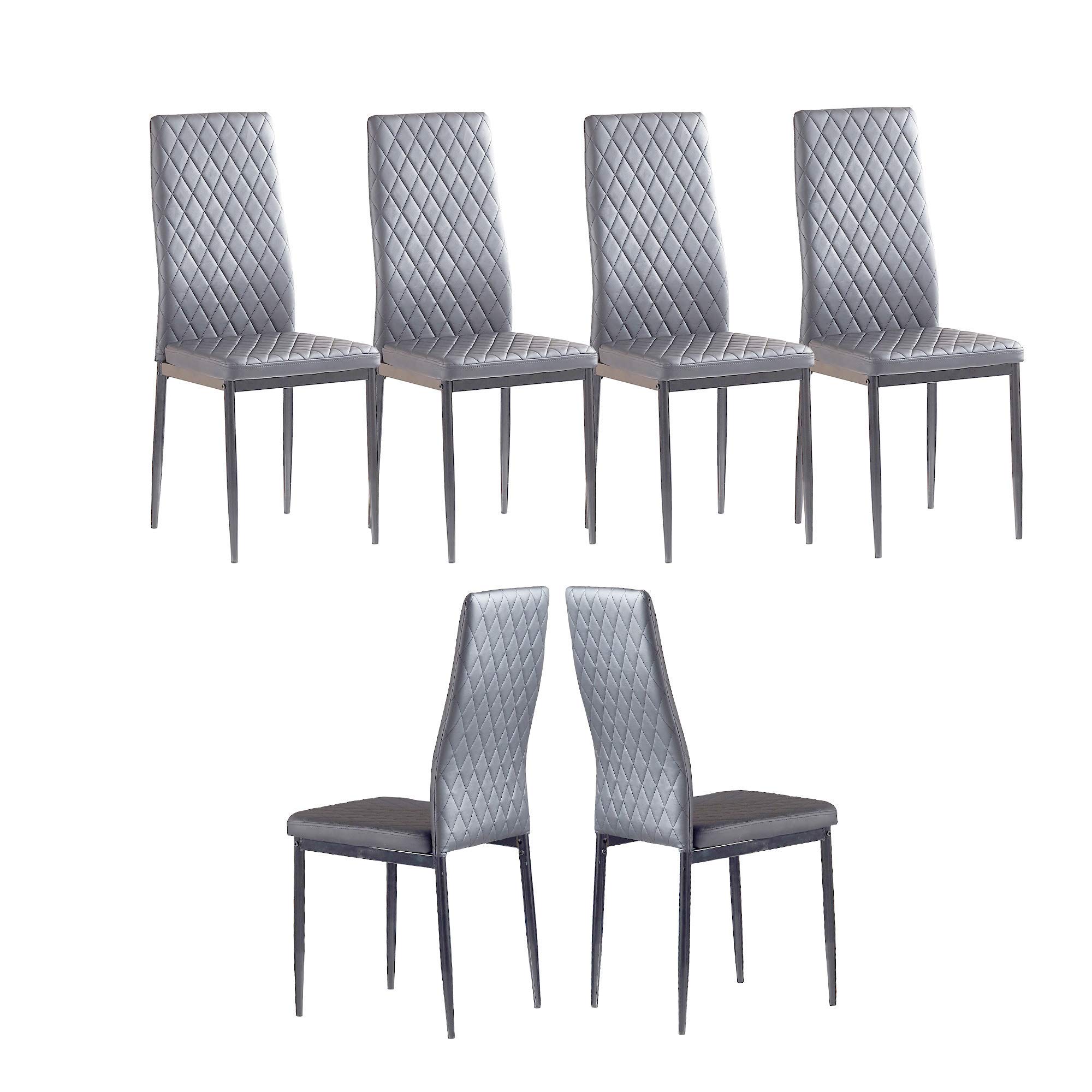 6-Piece Gray Leather Dining Chair Set with Upholstered Cushion & High Back - Powder Coated Metal Legs & Rhombus Pattern Seats - Perfect for Kitchen, Dining Room, Living Room & Bedroom Furniture