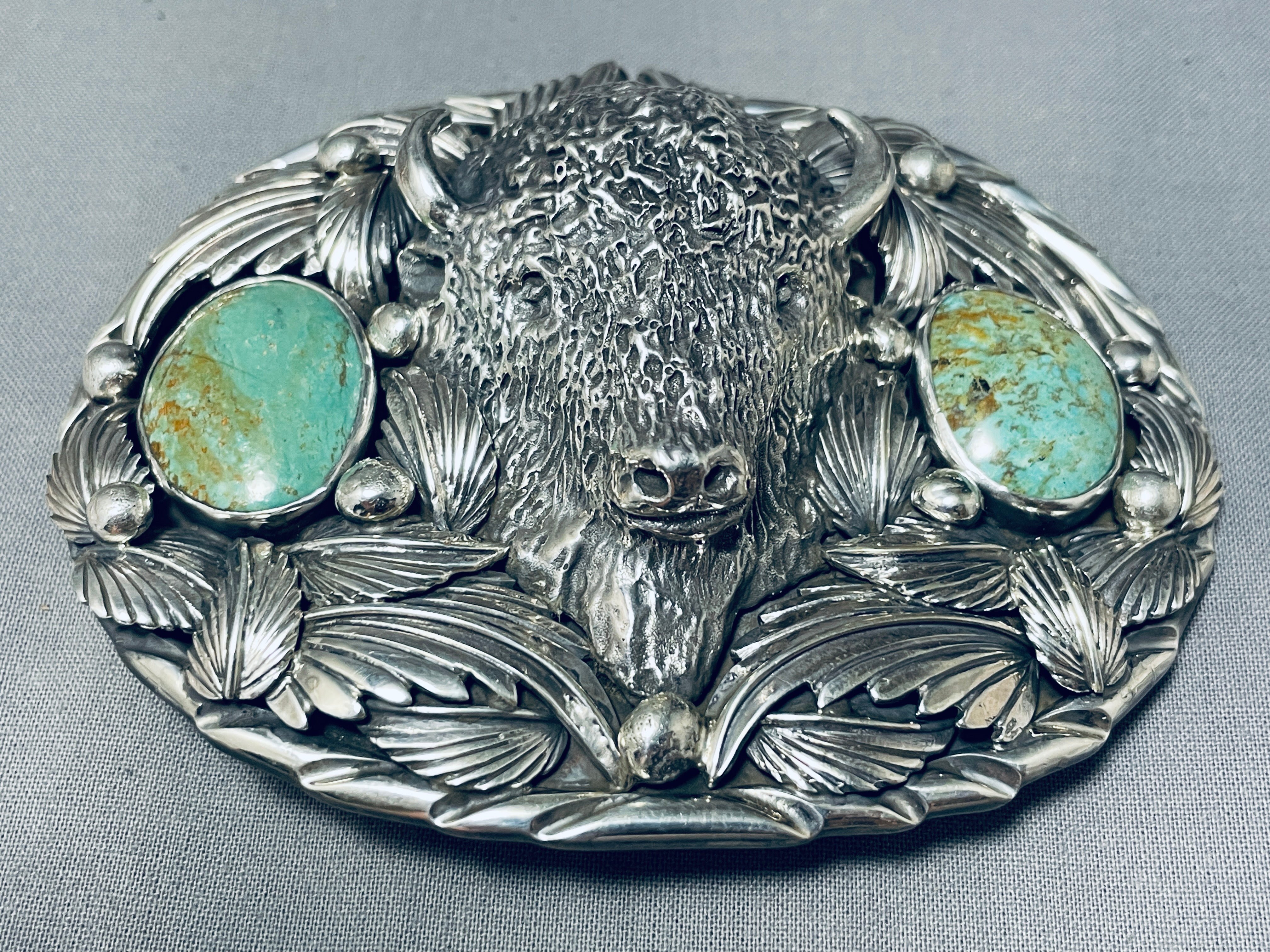 Authentic Native American Sterling Silver Buffalo Turquoise Belt Buckle - 164 Grams - Handcrafted Western Jewelry for Cowboy Boots & Jeans