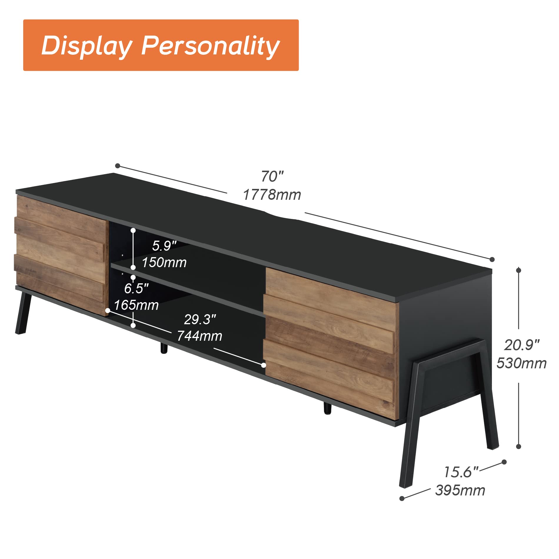 WAMPAT Mid-Century Modern TV Stand for 75+ Inch TVs - Retro Wood Entertainment Center with Storage Cabinet & Metal Legs - 70 Inch TV Console Table for Living Room & Bedroom (Black/Brown) - Perfect for Home Theater Setup & Stylish Living Spaces