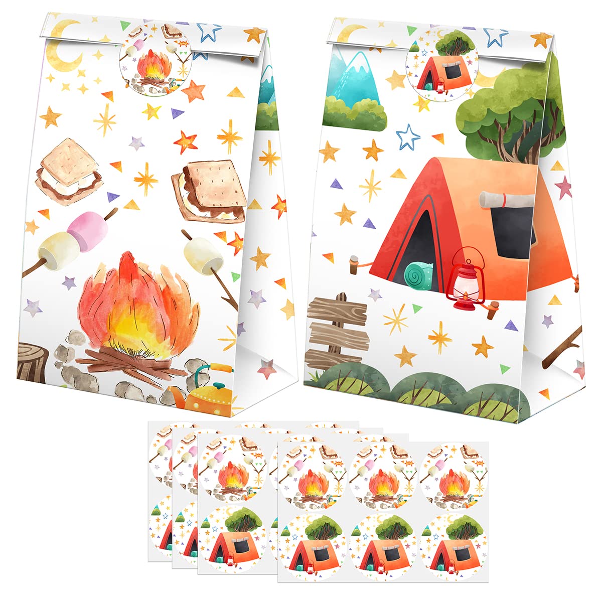 XGELUL Camping Party Favors Candy Bags with Stickers - S'mores Goodie Gift Treat Bags for Camping Themed Birthday Party Supplies | Perfect for Outdoor Adventures, Kids' Birthday Parties & Summer Camp Treats
