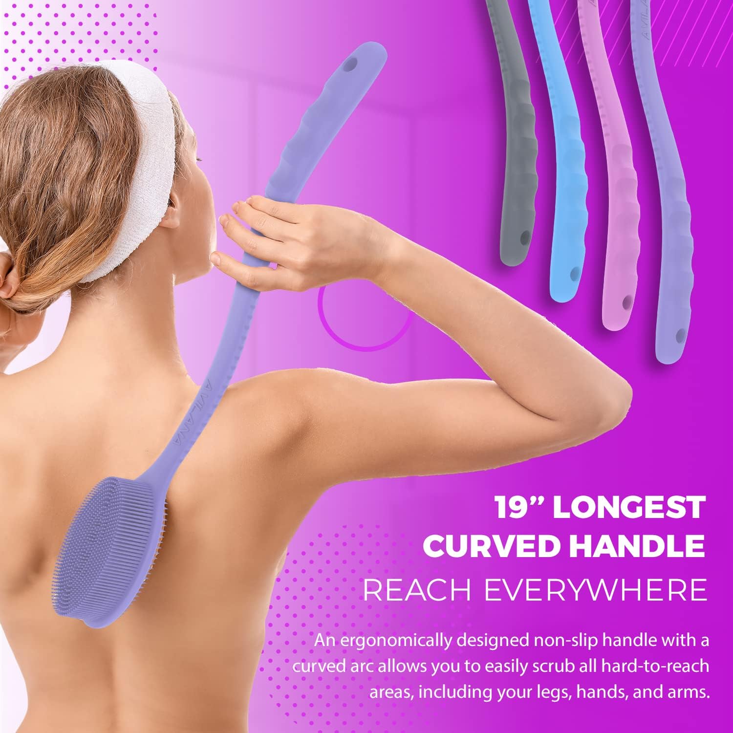 Avilana 19-Inch Silicone Back Scrubber with Handle - Long Shower Brush for Exfoliating & Cleansing - Soft Loofah Scrubber for Men & Women - Perfect for Hard-to-Reach Areas & Spa-Like Experience (Lavender)