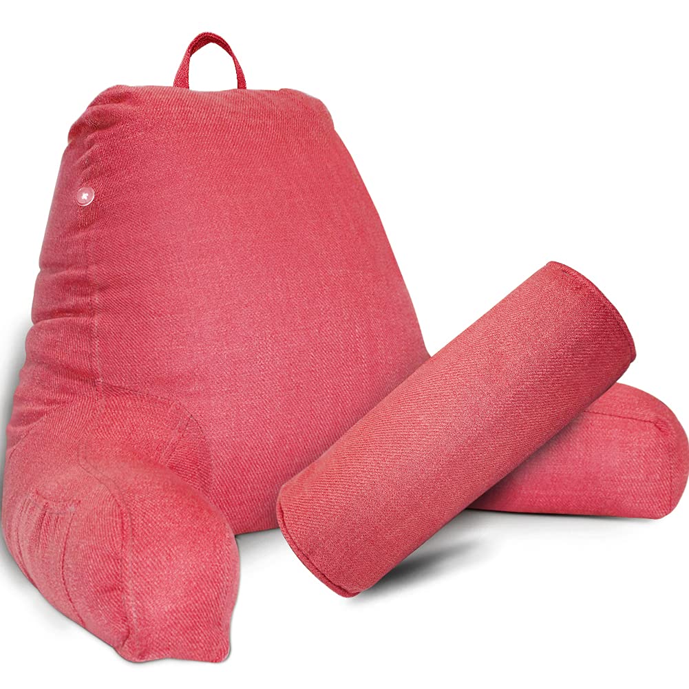 **SUNSIDE Reading Pillow for Sitting in Bed - Detachable Neck Roll & Back Support with Arms - Memory Foam Filling & Washable Cotton Linen Cover - Perfect for Lounging, Studying, Gaming, and Watching TV**