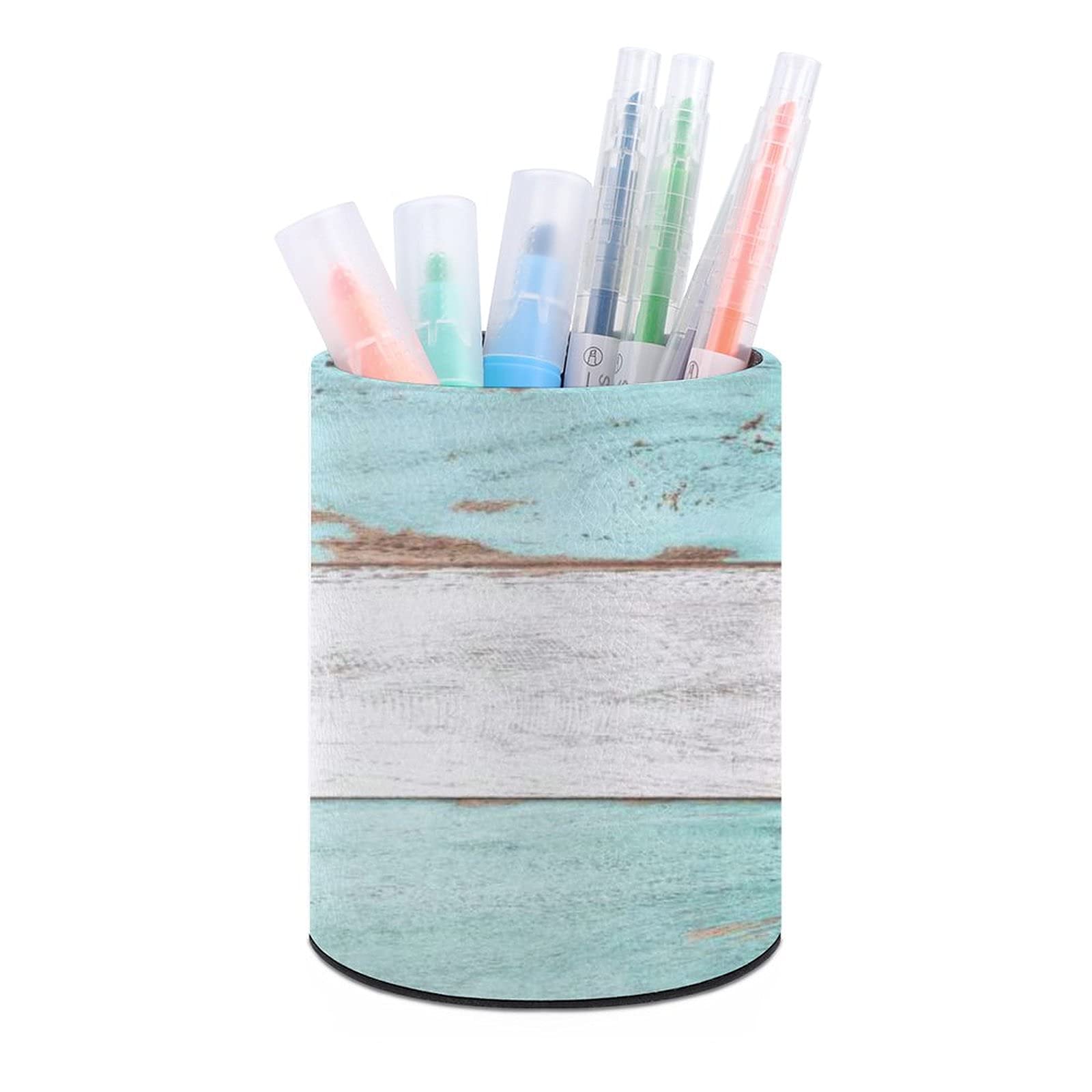 Premium Leather Round Office Pencil Pen Holder with Guitar Design on Wood Base - Desktop Organizer & Cup Storage Box for Home, Office, Bedroom - Perfect for Workspace Organization and Gift Giving