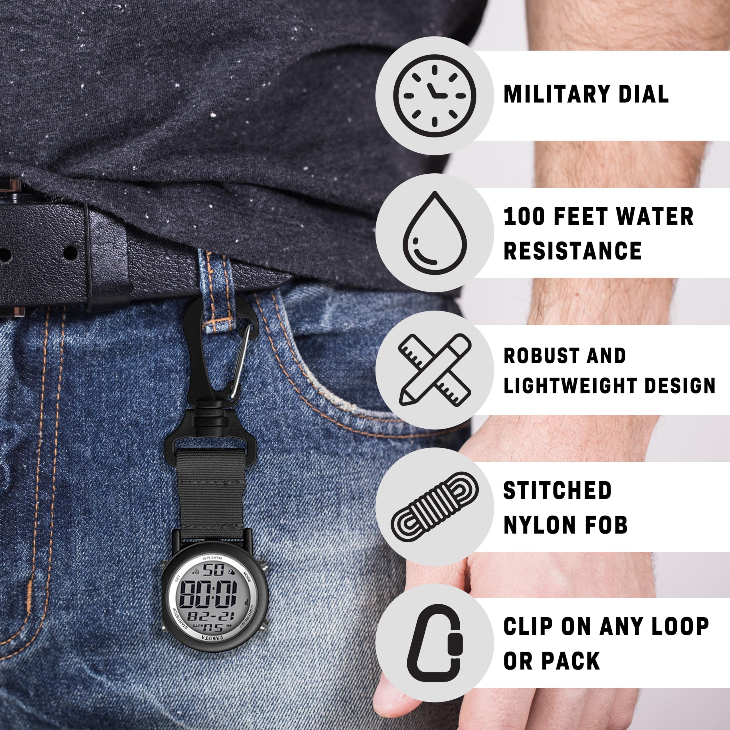Tactical Digital Clip Watch for Outdoor & Fishing - Dual Time Alarm Timer