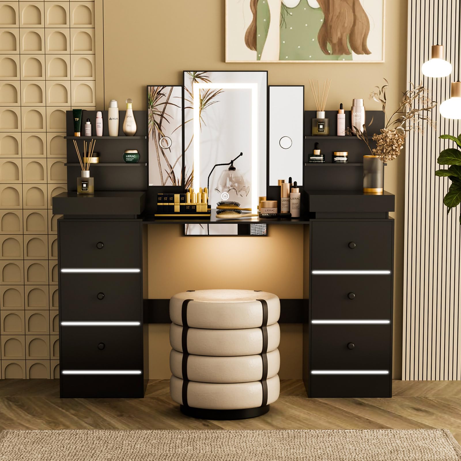 Vanity Desk with LED Lighted Mirror - 8 Drawers & 6 Shelves Makeup Vanity Set with 3 Adjustable Lighting Modes & Atmosphere Light - Perfect for Women's Bedroom, Dressing Room, or Beauty Salon Makeup Station