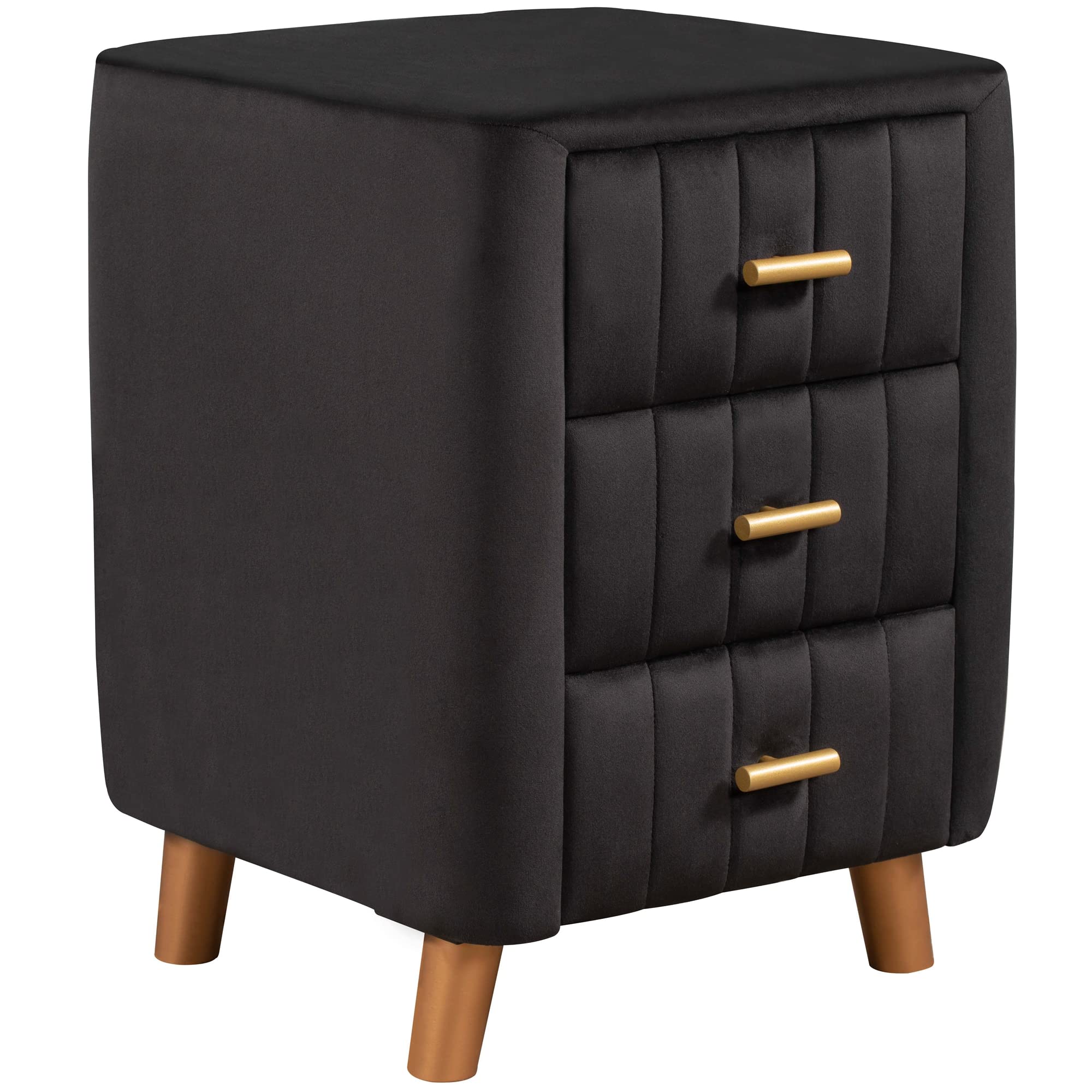 MENGK 3-Drawer Velvet Upholstered Nightstand with Metal Handles - Black Bedside Table for Bedroom Storage & Organization | Perfect for Small Spaces, Apartment Living & Modern Home Decor