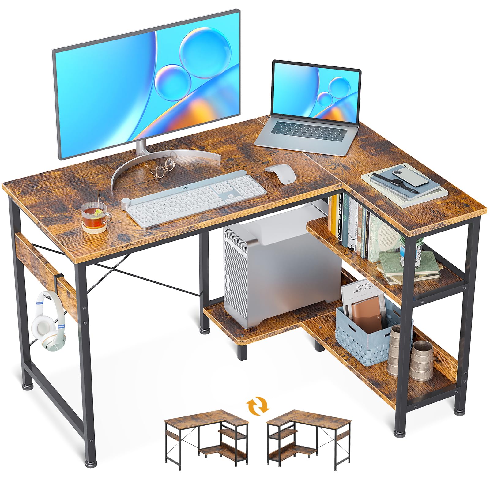 ODK 40 Inch Small L-Shaped Corner Desk with Reversible Storage Shelves & Monitor Stand - Space-Saving Home Office Desk for Small Spaces, Rustic Brown - Perfect for Gaming, Studying & Remote Work