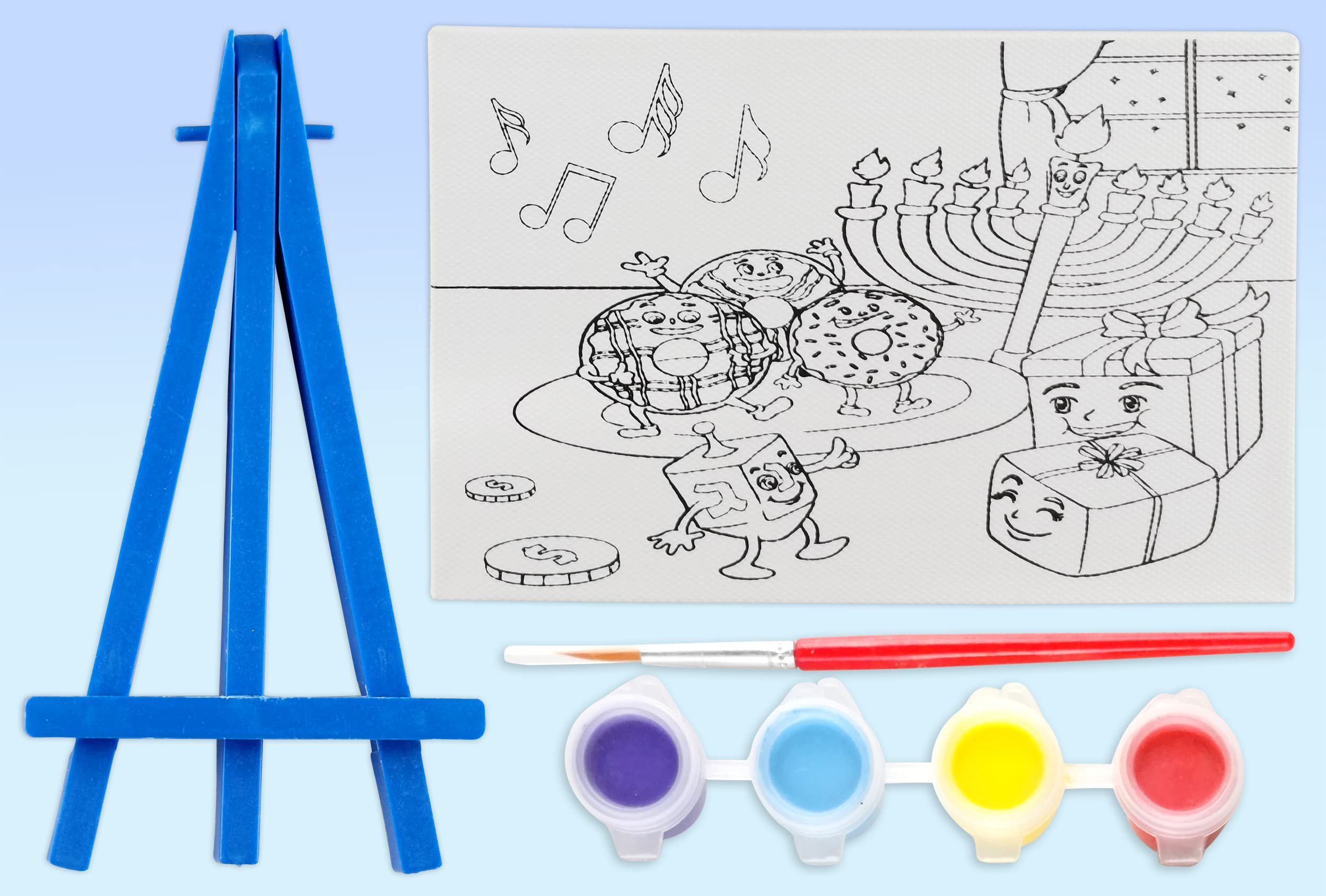 Kids Chanukah Canvas Painting Kit with Wooden Easel - Pre-Drawn Hanukkah Art Set for Children - DIY Holiday Crafts & Gifts for Boys & Girls - Perfect for Hanukkah Celebrations, Birthday Parties & Family Activities
