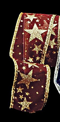 Sheer Metallic Wine Red & Gold Star Wired Craft Ribbon - 2.5 Inch x 20 Yards for Gift Wrapping, Holiday Decorations, DIY Crafts, and Party Decor