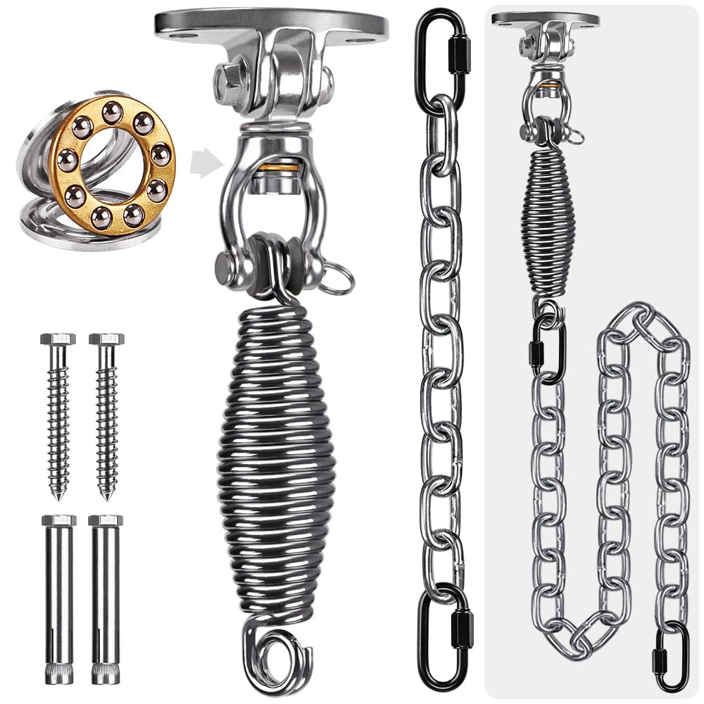 SELEWARE Heavy Duty Hammock Chair Hanging Kit - Stainless Steel Swing Hanger with Bearing, Spring & Chain - Indoor/Outdoor Ceiling Mount for Swing Chairs, Hammocks & Punching Bags - Perfect for Porch, Patio, Backyard & Home Gym Use