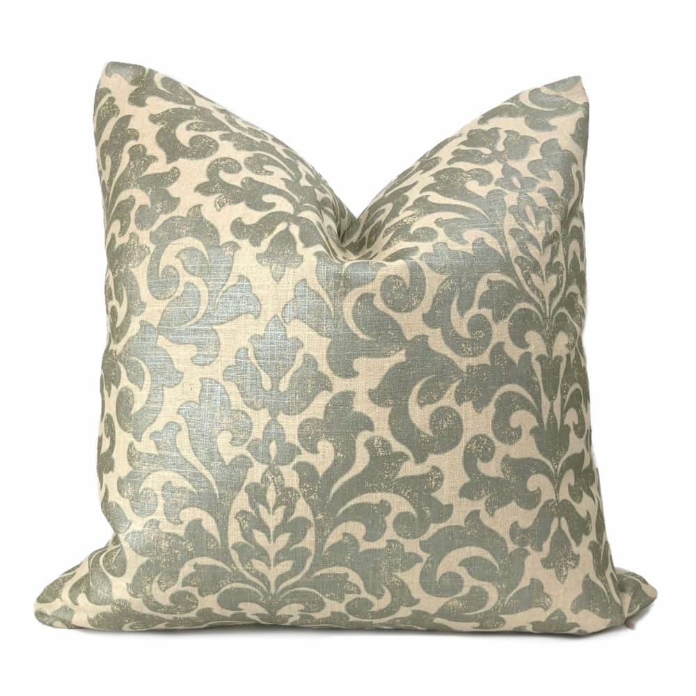 Gainsborough II Sage Green Beige Baroque Floral Damask Fringed Pillow Cover - 18x18 Inch Decorative Throw Pillow Case for Sofa, Bed, Couch - Fabric by The Yard Available for DIY Home Decor Projects