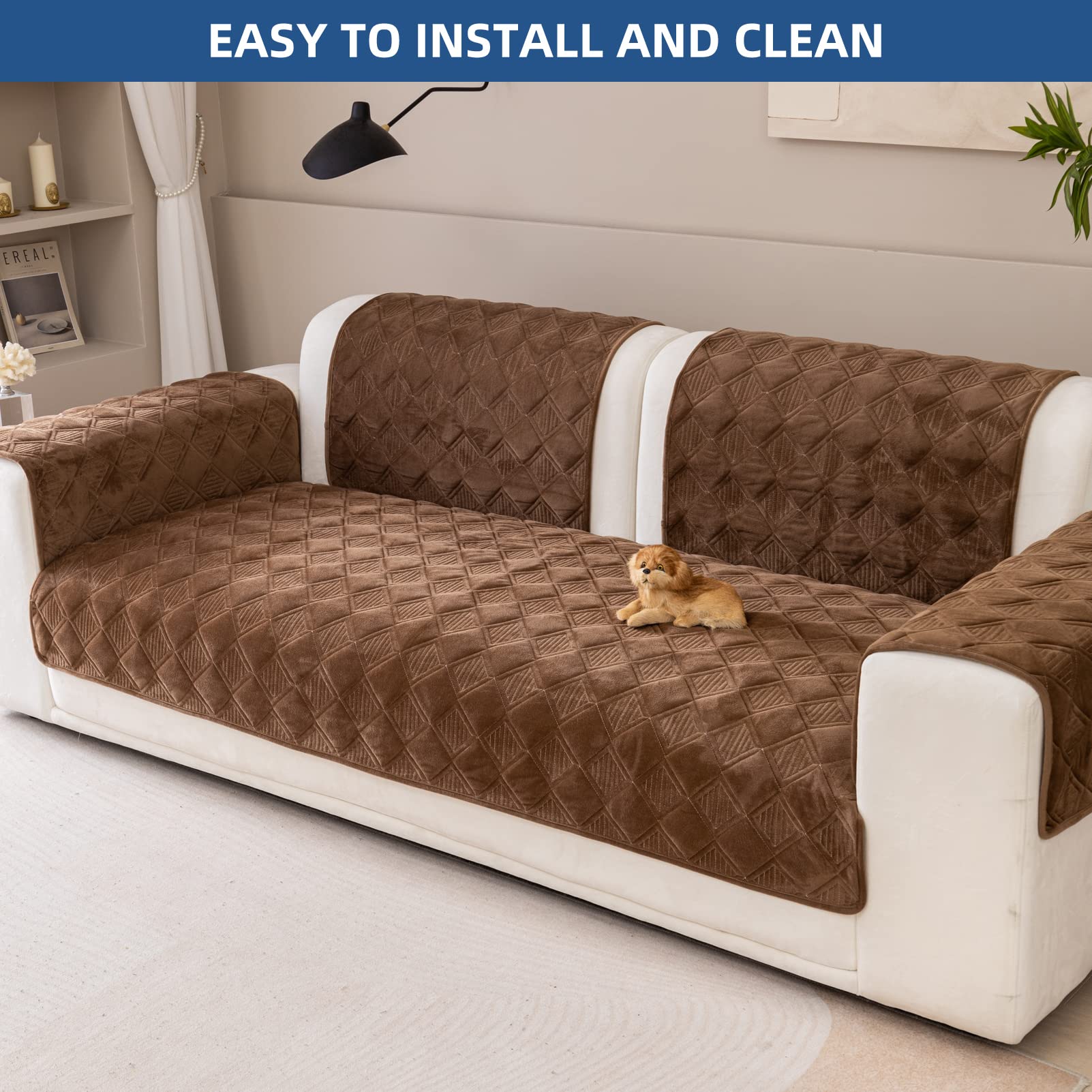 Eismodra L-Shaped Sectional Sofa Slipcover - Light Brown Furniture Protector (43x82 Inches) - Pet Proof Couch Cover for Dogs & Cats - Fits 3 Cushion Loveseat & Chaise Lounge - Perfect for Living Room, Family Room & Pet-Friendly Homes