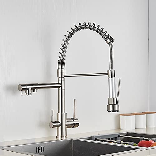 OMOONS Brushed Nickel Commercial Kitchen Sink Faucet - 3 Spout Filtered Water Purification Tap with 360° Rotation for Bar, Farmhouse & Restaurant Use