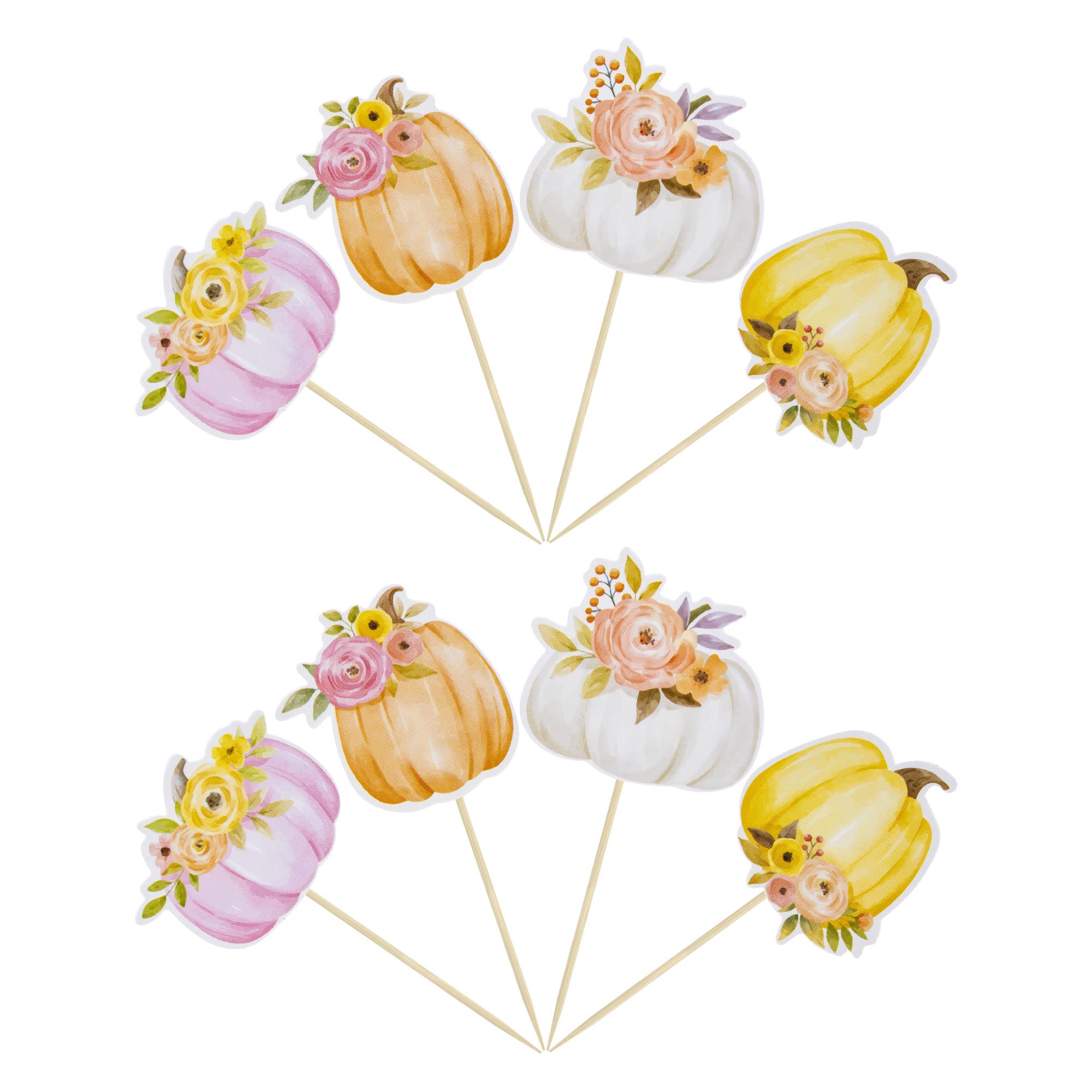 36Pcs Fall Pumpkin Cupcake Toppers - Floral Pumpkin Cake Decorations for Thanksgiving, Baby Shower, Gender Reveal & Girls' Birthday Party | Autumn Harvest Theme Party Supplies