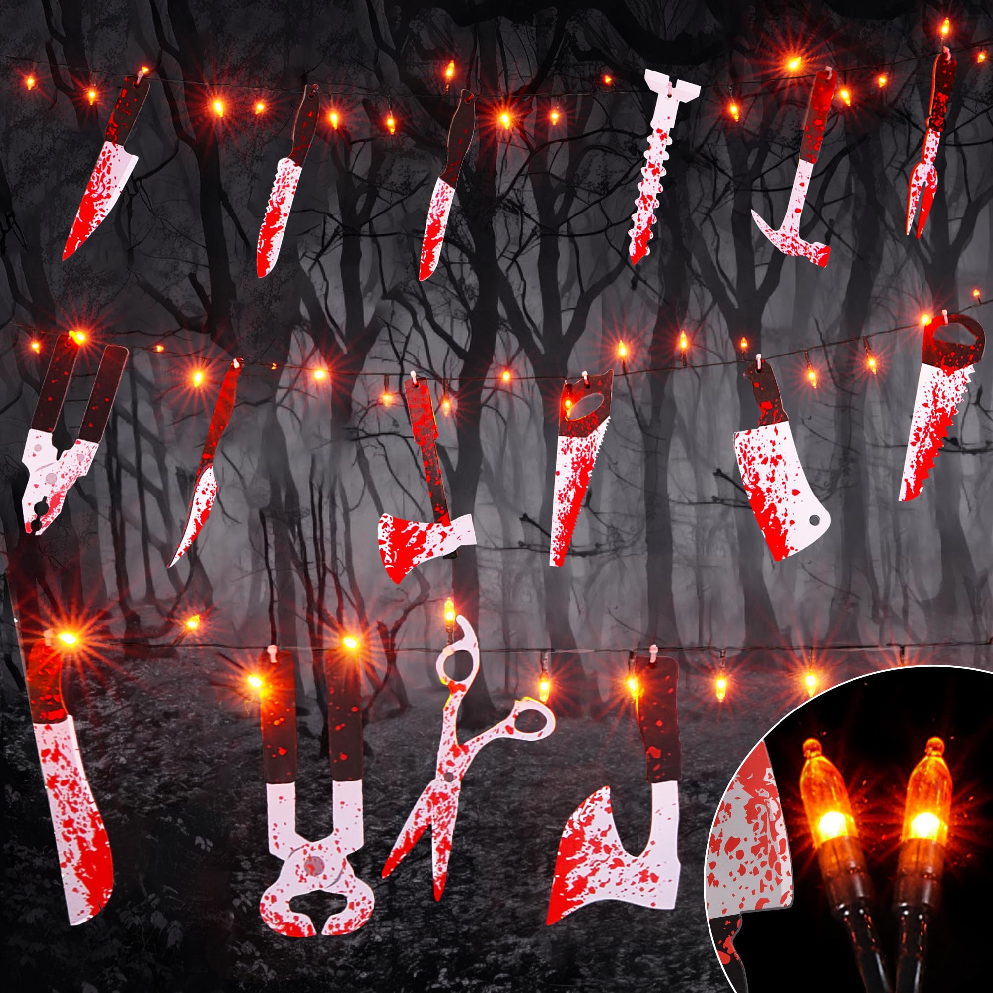 BLCtec 12FT Halloween String Lights with 16 Fake Bloody Knives & 50 LED Orange Bulbs - 8 Lighting Modes Battery Operated Scary Decor for Halloween Party, Haunted House, Yard, and Outdoor Décor