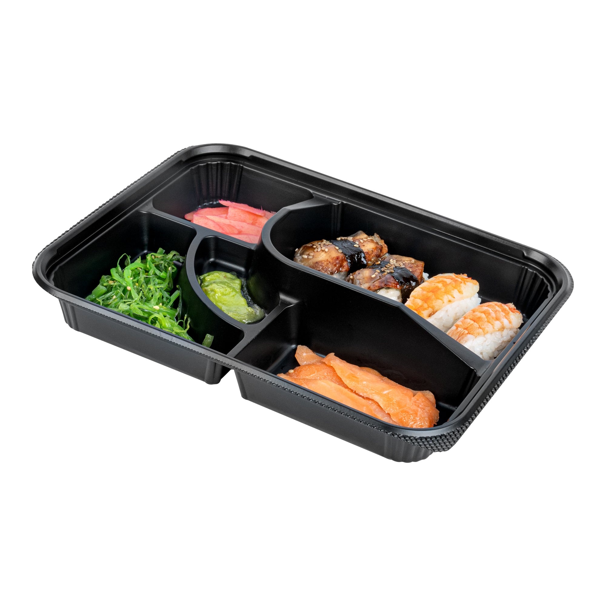 Bento Tek 26 oz Rectangle Black Plastic Bento Box with 5 Compartments - 10.5