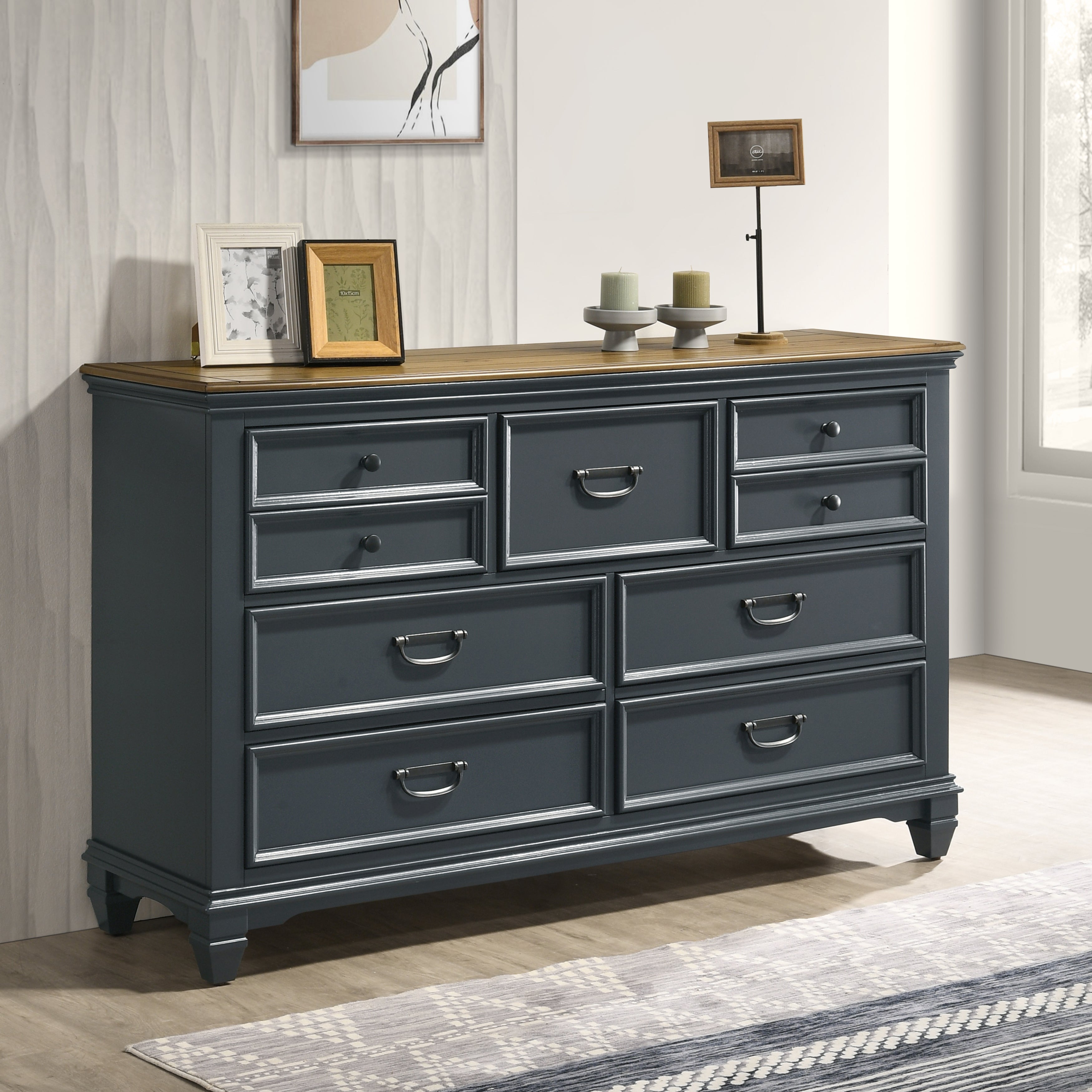 Roundhill Furniture Clelane Wood Bedroom Set with Shiplap Panel Bed - Queen Size, Slate Blue Finish - Modern Farmhouse Bedroom Decor for Master & Guest Rooms