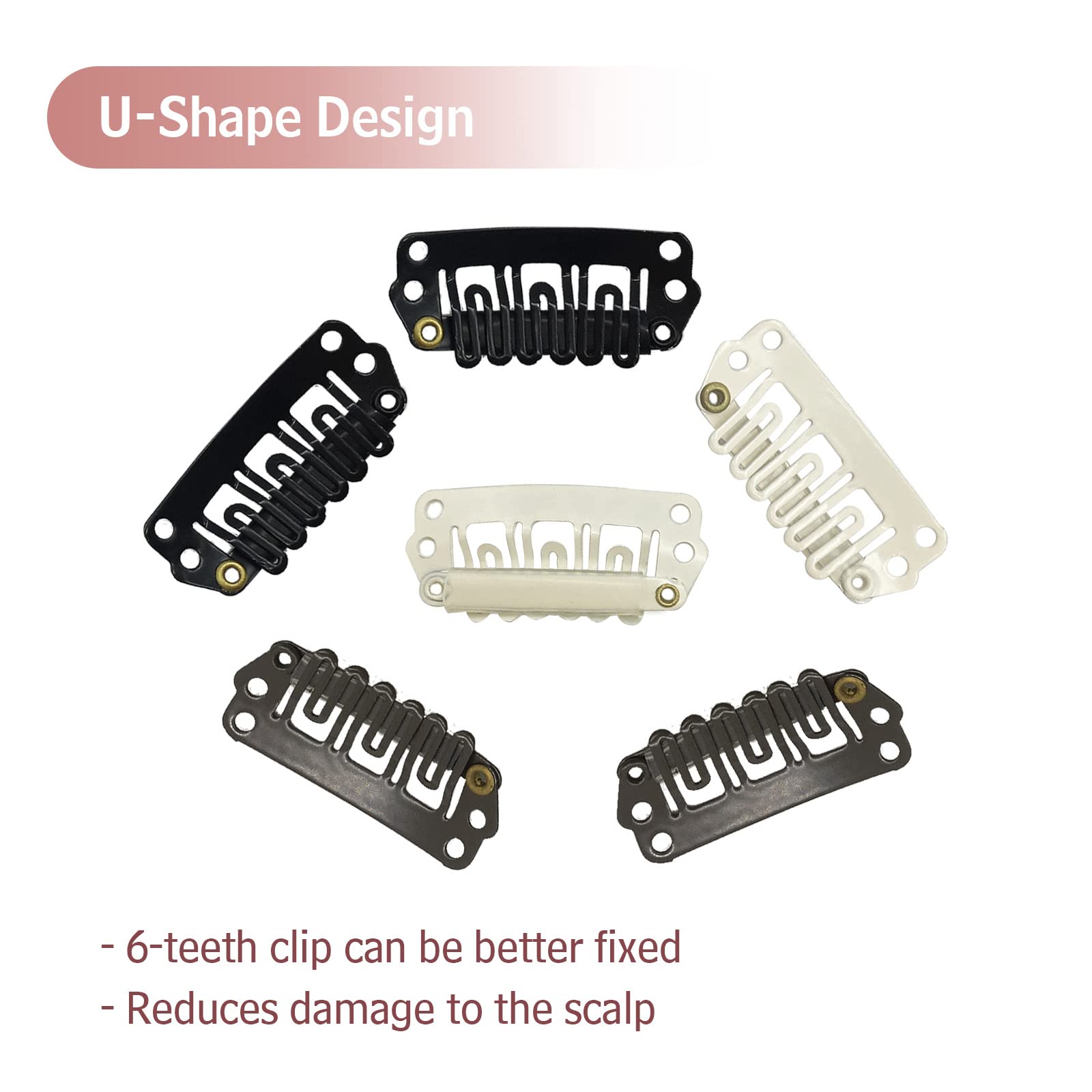 DOORES 2 Pack U-Shape Metal Snap Hair Clips for Extensions - 6 Teeth, 30mm, 1.2g Each - Soft Rubber Dark Brown Hair Extension Clips for Secure Hold | Perfect for Weaves, Wigs & Styling