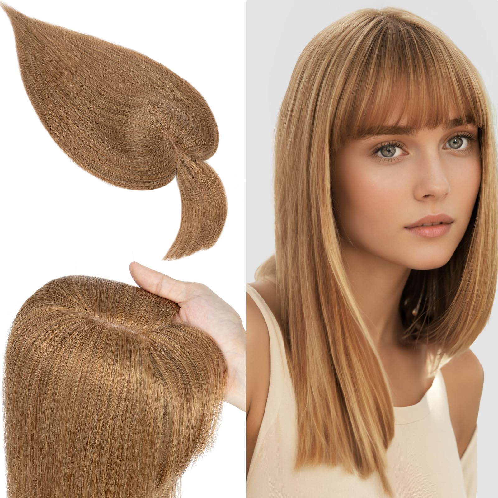 SEGO 100% Real Human Hair Toppers with Bangs - Silk Base 150% Density Clip-in Hair Topper (2.7”x5.1”) for Women with Thinning Hair & Hair Loss - Natural Gray Coverage - Perfect for Daily Wear, Special Occasions & Styling