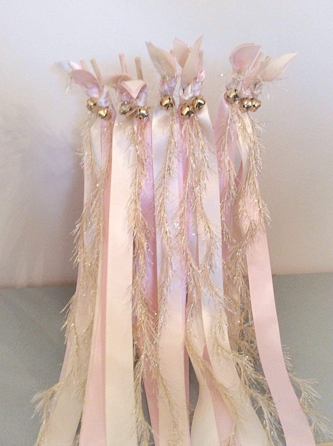 150 Pack Wedding Wands with Ivory & Light Pink Ribbon Streamers & Gold Frayed Ends - Perfect for Bridal Showers, Send-Offs, and Wedding Ceremonies