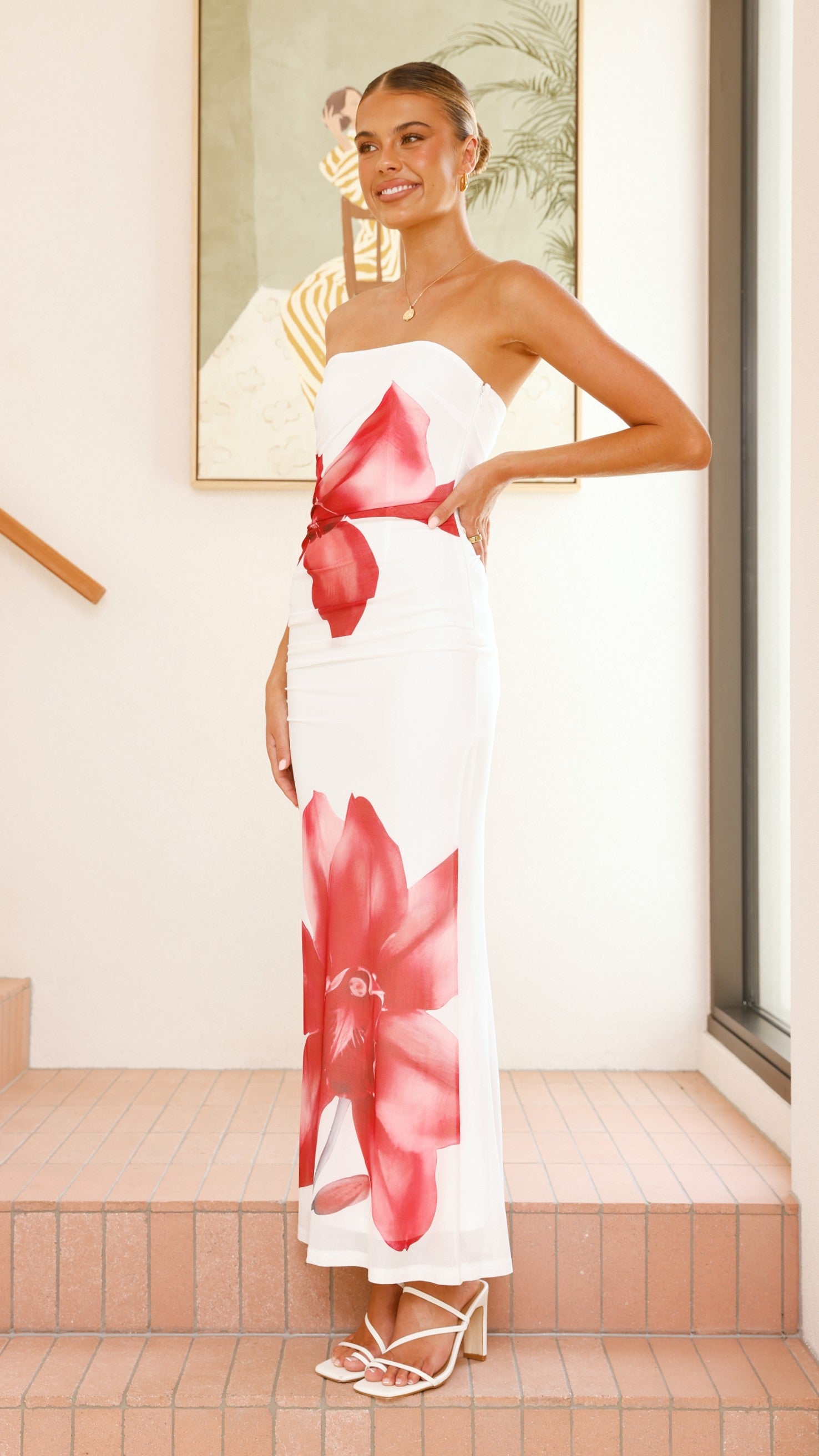 Brittani Strapless Maxi Dress for Women - Elegant White & Red Flowy Summer Evening Gown - Perfect for Beach Weddings, Parties & Vacation Getaways