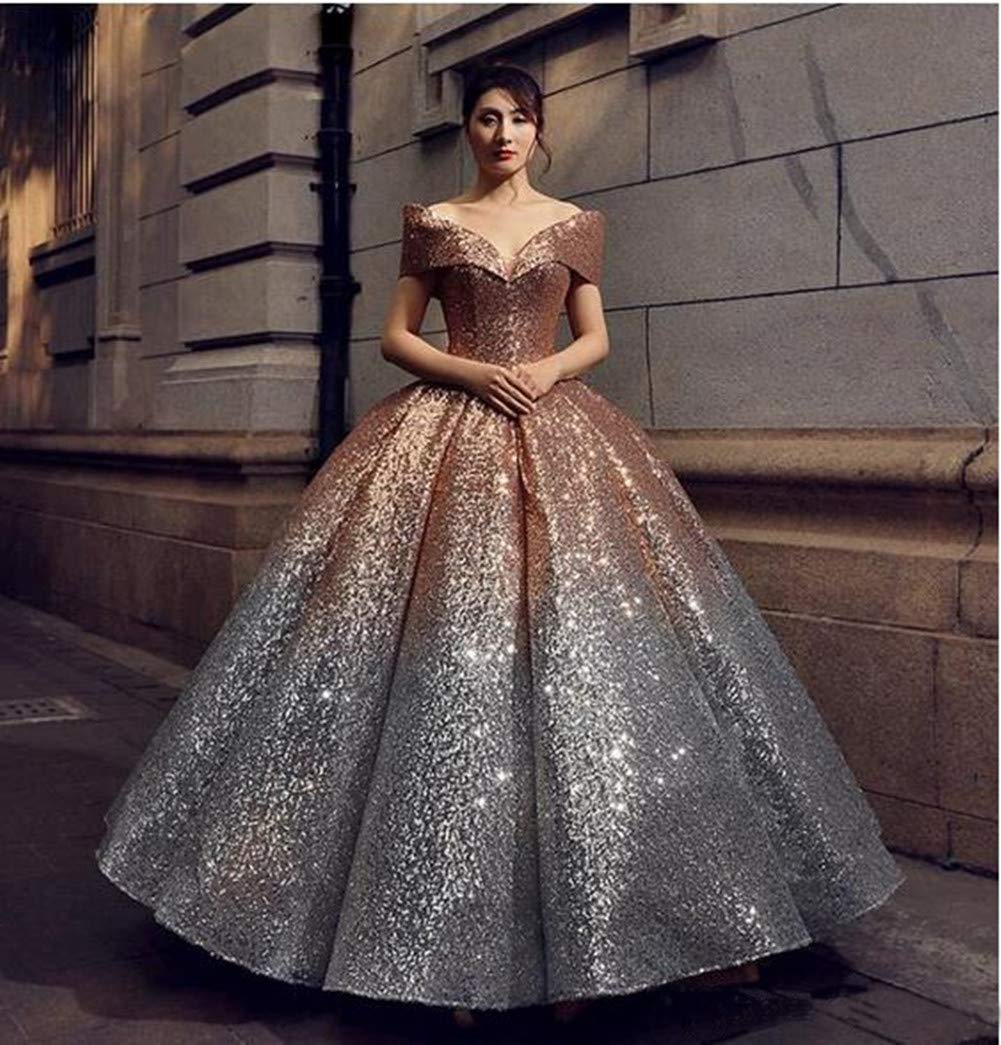 Emanni Women's Off-The-Shoulder Quinceañera Dress - Sparkly Sequin Ball Gown with Ruffled Skirt for Prom, Sweet 16, Homecoming & Formal Events