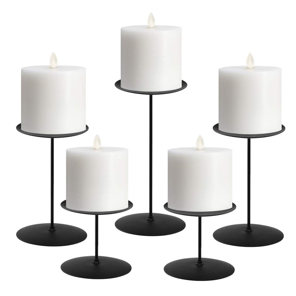 Modern Black Iron Candle Holders for Pillar Candles - Set of 5 Sturdy Fireplace Candelabra, Table Centerpiece for Home Decor, Weddings & Romantic Dinners - Elegant Rustic Candle Sticks for Mantel, Dining Table & Special Occasions