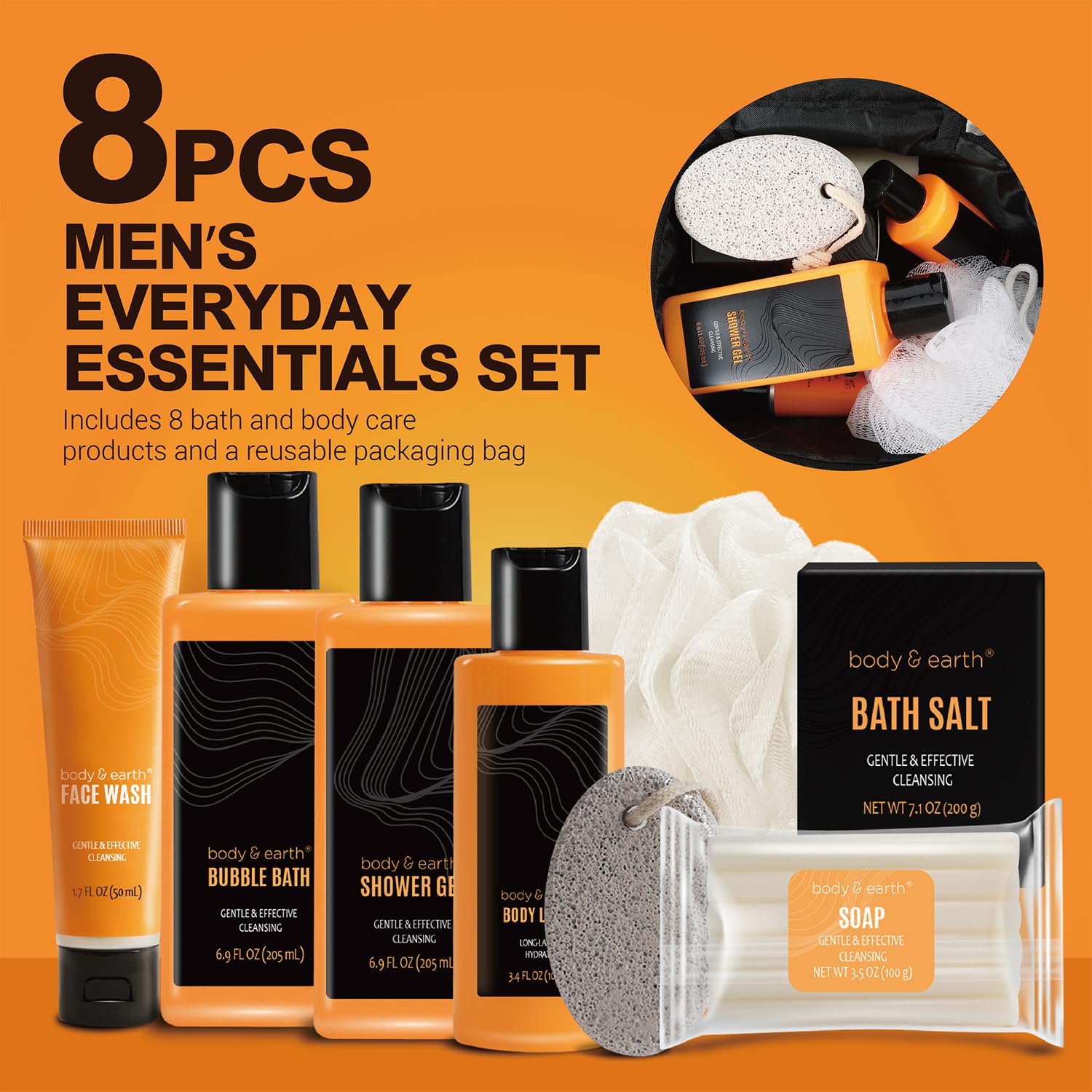 Men's Bath and Body Gift Set - Body Lotion, Face Wash, Shower Gel, Bubble Bath with Loofah | Luxury Spa & Grooming Kit for Men | Perfect Birthday, Father's Day & Holiday Gift for Him | Home Relaxation & Self-Care Essentials