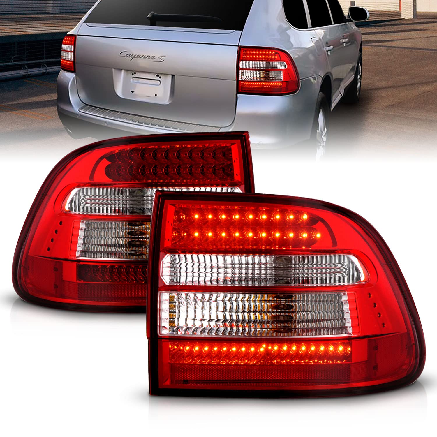 AmeriLite Red Clear LED Tail Lights Pair for Porsche Cayenne SUV - Left & Right Side Replacement - Enhance Visibility & Style for Night Driving & Car Shows