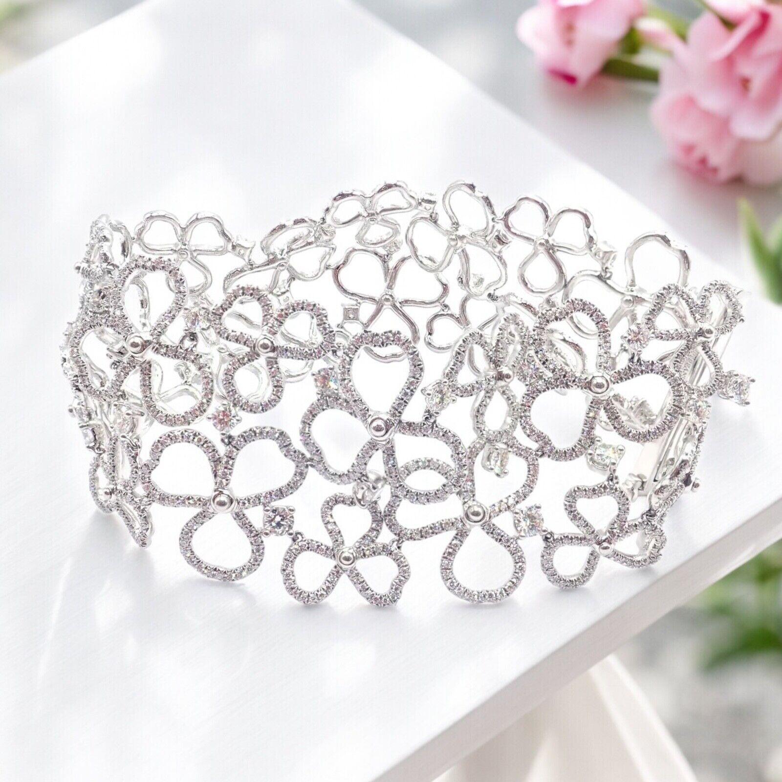 Authentic Tiffany & Co Paper Flowers Platinum Diamond Wide Bracelet - Elegant Jewelry for Weddings, Anniversaries & Special Occasions