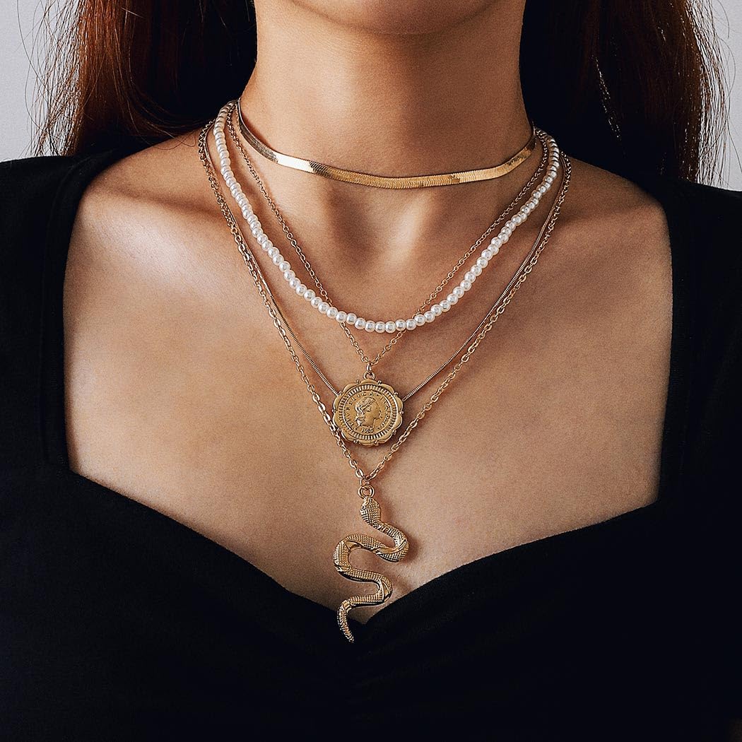 Boho Layered Snake Necklace - Gold Snake Chain Choker with Pearl Accents, Trendy Women's Jewelry for Casual Wear, Parties & Date Nights