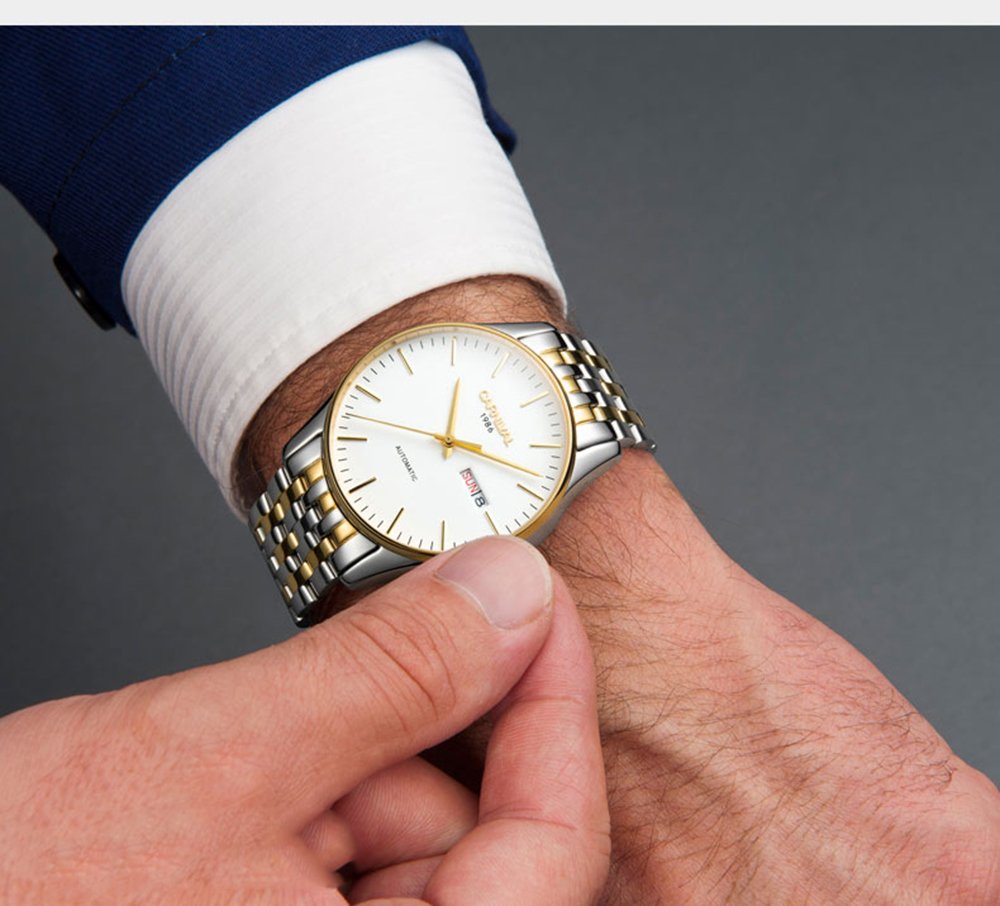 Gosasa Men's Automatic Mechanical Watch - Stainless Steel, Ultra-Thin, Simple Design with Day & Date Display | Perfect for Business, Casual & Formal Occasions