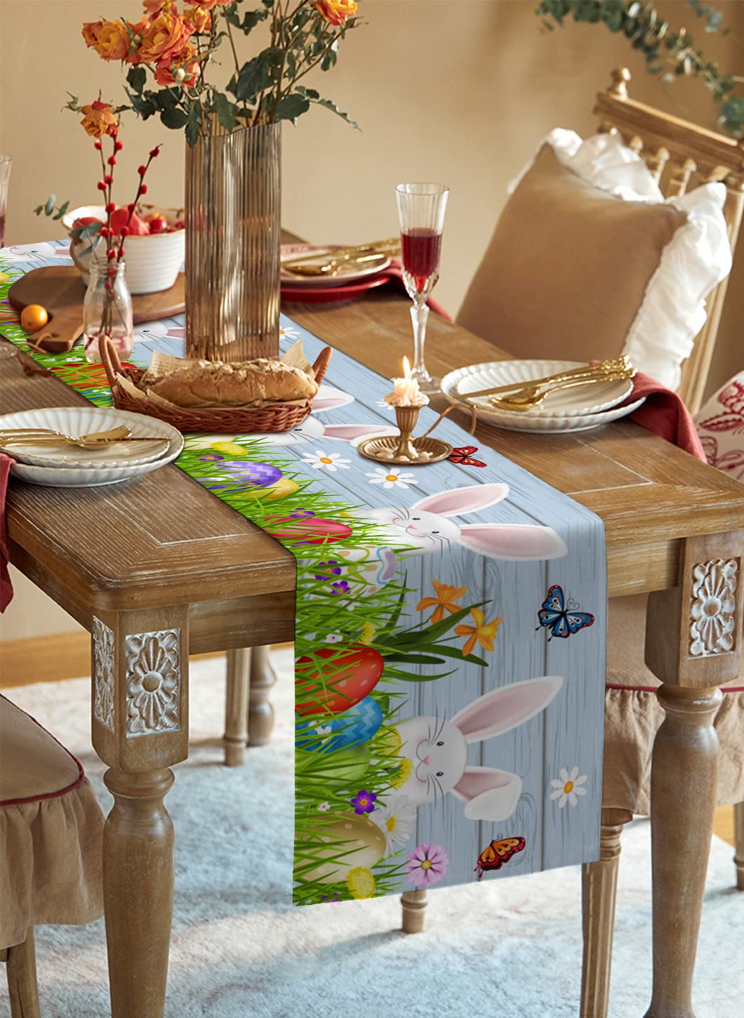 70 Inch Easter Table Runner - Burlap & Cotton Easter Egg Bunny Design with Spring Flowers & Butterflies in Green & Blue - Perfect for Kitchen, Dining, Wedding, Coffee Party & Home Decor | Seasonal Holiday Table Setting & Spring Home Decoration